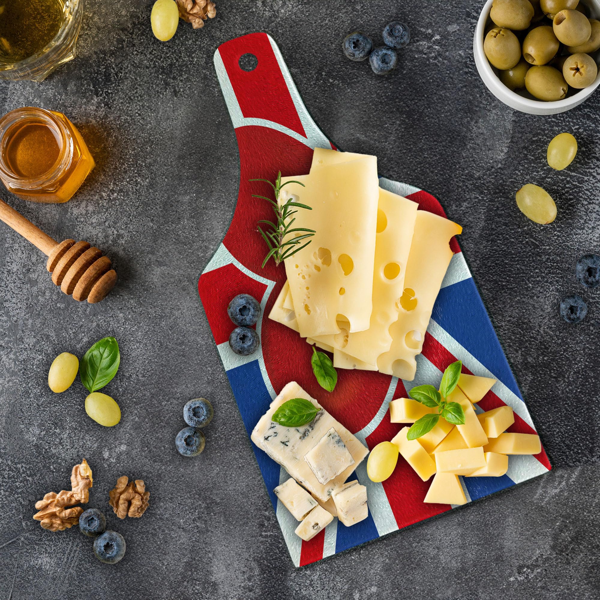 Ambesonne Union Jack Cutting Board - British Flag with Red Heart Center, Tempered Glass Serving Board for Kitchen & Dining - Wine Bottle Shape in Royal Blue, Red & White - Perfect for Entertaining, Gifts & British-Themed Decor