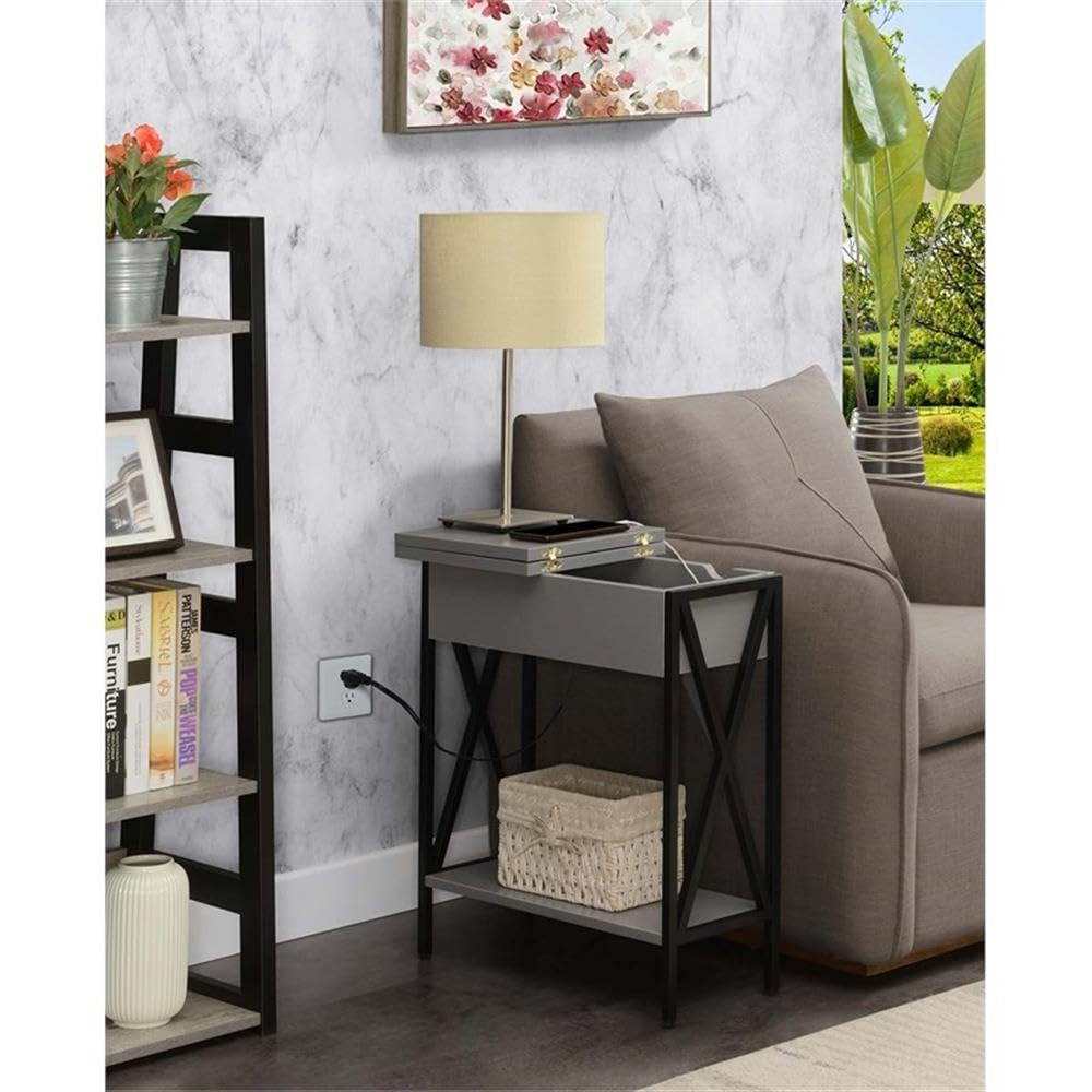 Gray Modern End Table with USB Charging Station & Storage Shelf - Set of 2 Nightstands for Bedroom, Living Room or Office