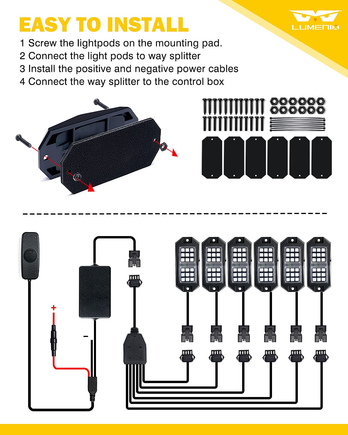 LUMENIX RGB LED Rock Lights Kit - Bluetooth Multicolor Wheel Well & Footwell Underglow Neon Lights with Remote Control - Wide Angle Rock Lights for Off-Road Trucks, SUVs, UTVs, RZRs, ATVs & Motorcycles (8 Pods) - Perfect for Night Rides, Car Shows & Off-Road Adventures