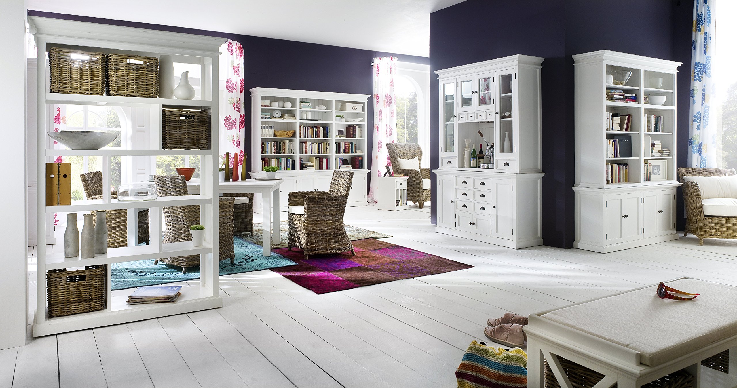 NovaSolo White Mahogany Hutch Cabinet with Glass Doors & 12 Drawers - Perfect for Dining Room Storage