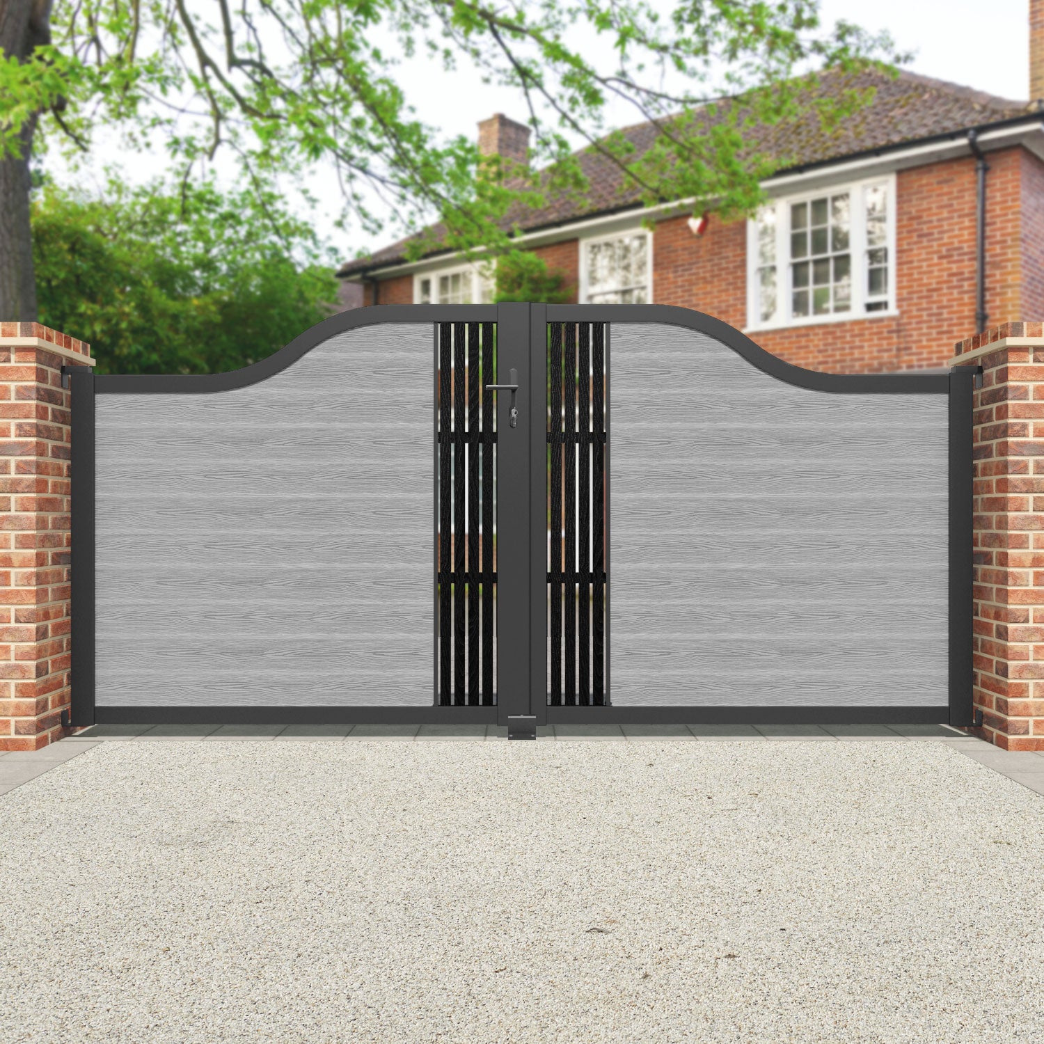 Classic Aspen Curved Top Driveway Gate - Light Grey with Middle Screen - Perfect for Residential Entryways, Driveway Security & Home Curb Appeal