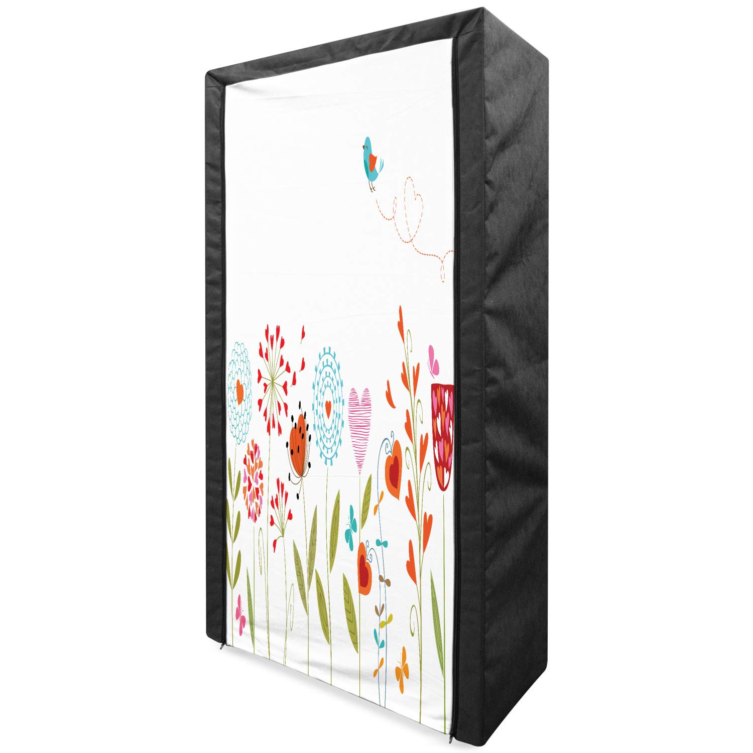 Ambesonne Floral Fabric Wardrobe - Portable Closet Organizer with Romantic Flower, Heart, Bird & Leaf Print, 33.5 Inch Multicolor Storage for Bedroom, Closet & Small Spaces