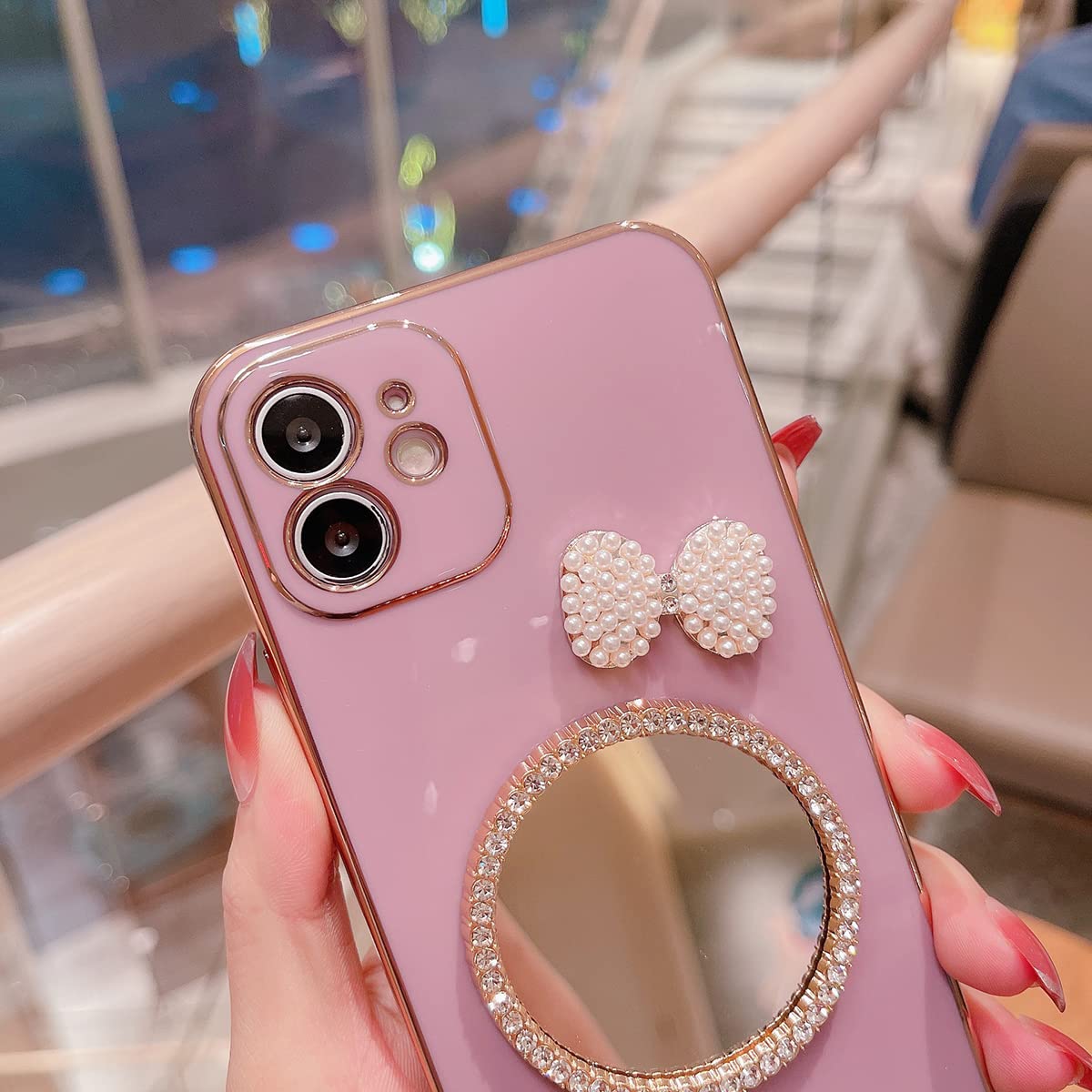 iPhone 13 Pro Max Mirror Case with Pearl Bow & Diamond Round Makeup Mirror - Slim Soft Flexible TPU Protective Cover for Women & Girls (6.7 Inch, Purple) - Perfect for Makeup Touch-ups & Selfies On-The-Go