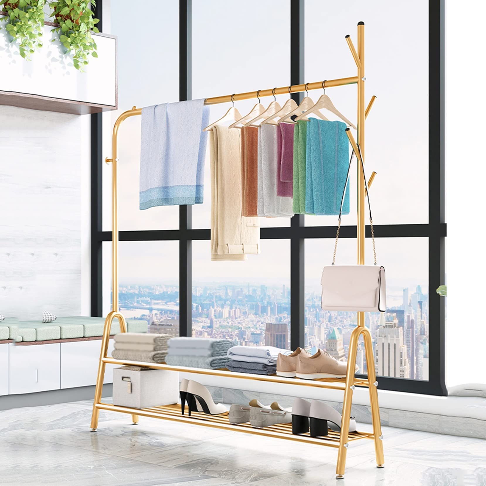 Freestanding Garment Clothes Rack with Top Rod & 2-Tier Storage - Metal Clothing Organizer for Hanging Clothes, Shoes & Accessories - Perfect for Bedroom, Laundry Room & Closet Organization
