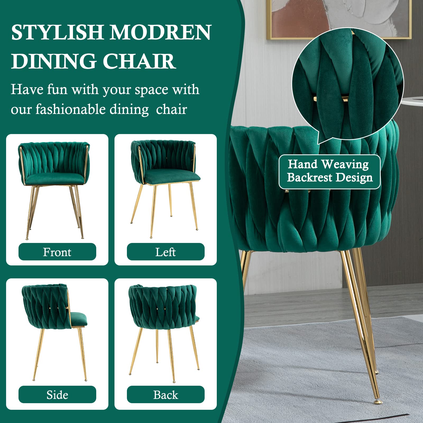 Modern Velvet Dining Chairs Set of 2 - Handwoven Upholstered Accent Chairs with Golden Metal Legs for Living Room, Dining Room & Kitchen Vanity | Emerald Green Luxury Seating for Home Decor & Entertaining