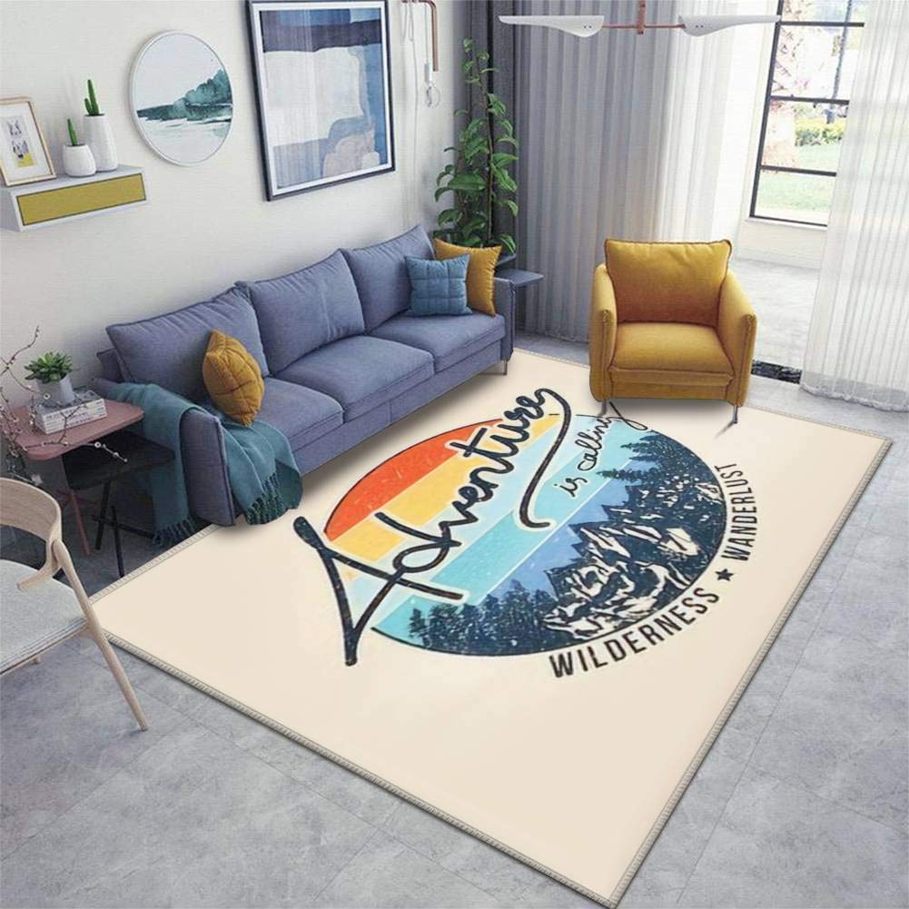 Vintage Adventure Mountain Forest Illustration Non-Slip Area Rug - Soft Indoor Outdoor Floor Mat for Living Room, Nursery, Yoga & Doorway - Perfect for Home Decor, Camping & Cozy Spaces