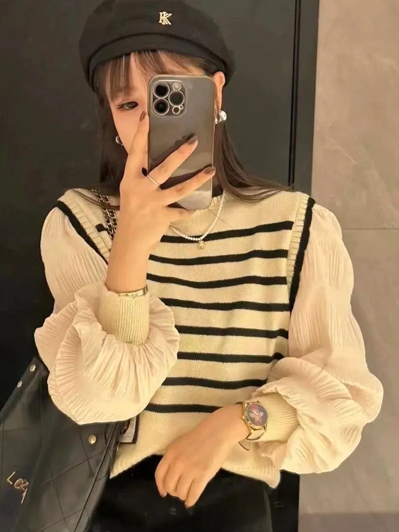 Women's Black & White Striped Knitted Two-Piece Sweater Set - Soft Korean-Style Pullover for Spring & Fall | Perfect for Casual Outings & Layered Outfits