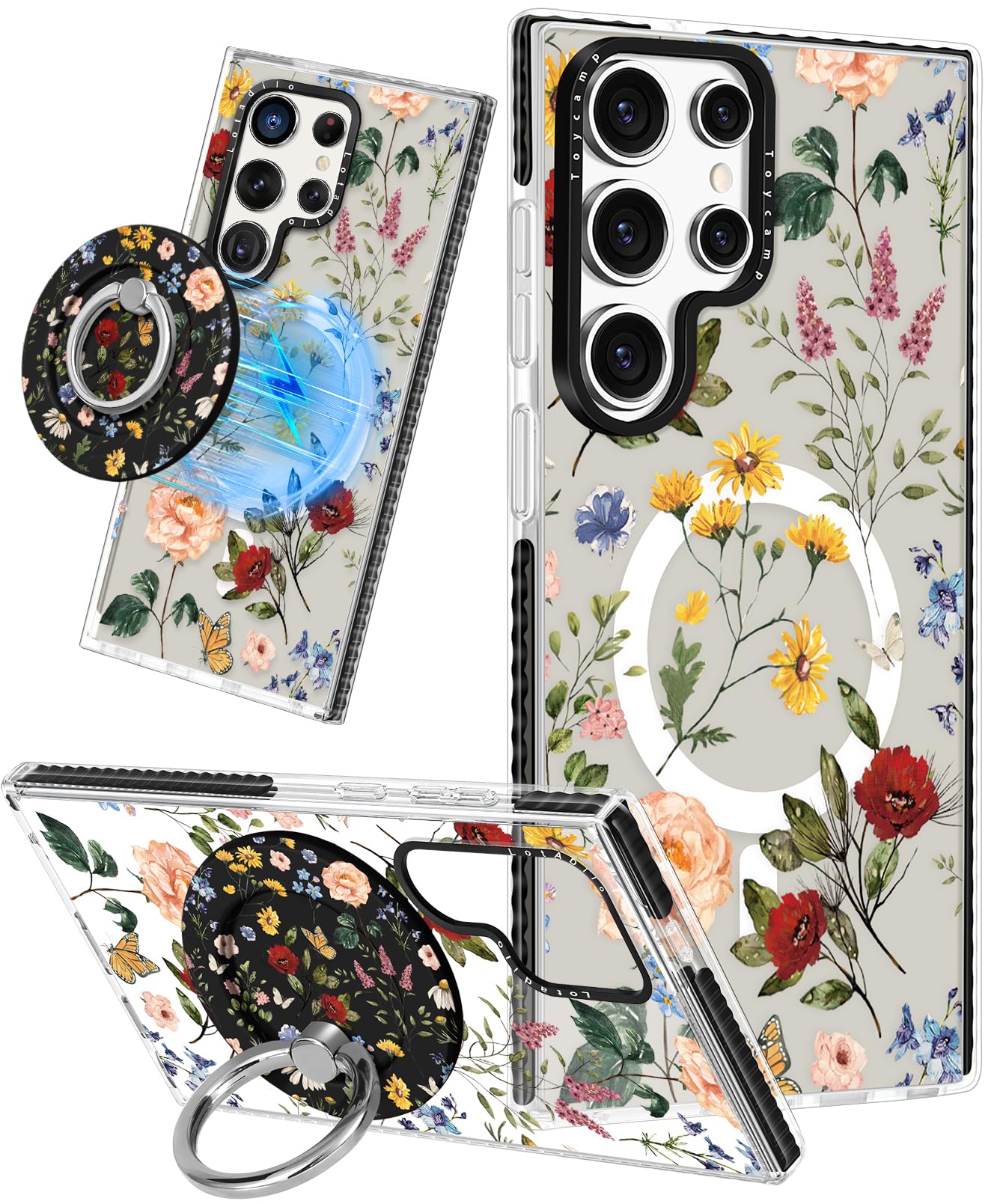Samsung Galaxy S24 Ultra Case for Women - Cute Floral Magnetic Phone Cover with Magsafe Ring Holder, Retro Aesthetic TPU Protective Case for S24 Ultra - Perfect for Daily Use, Work & Travel