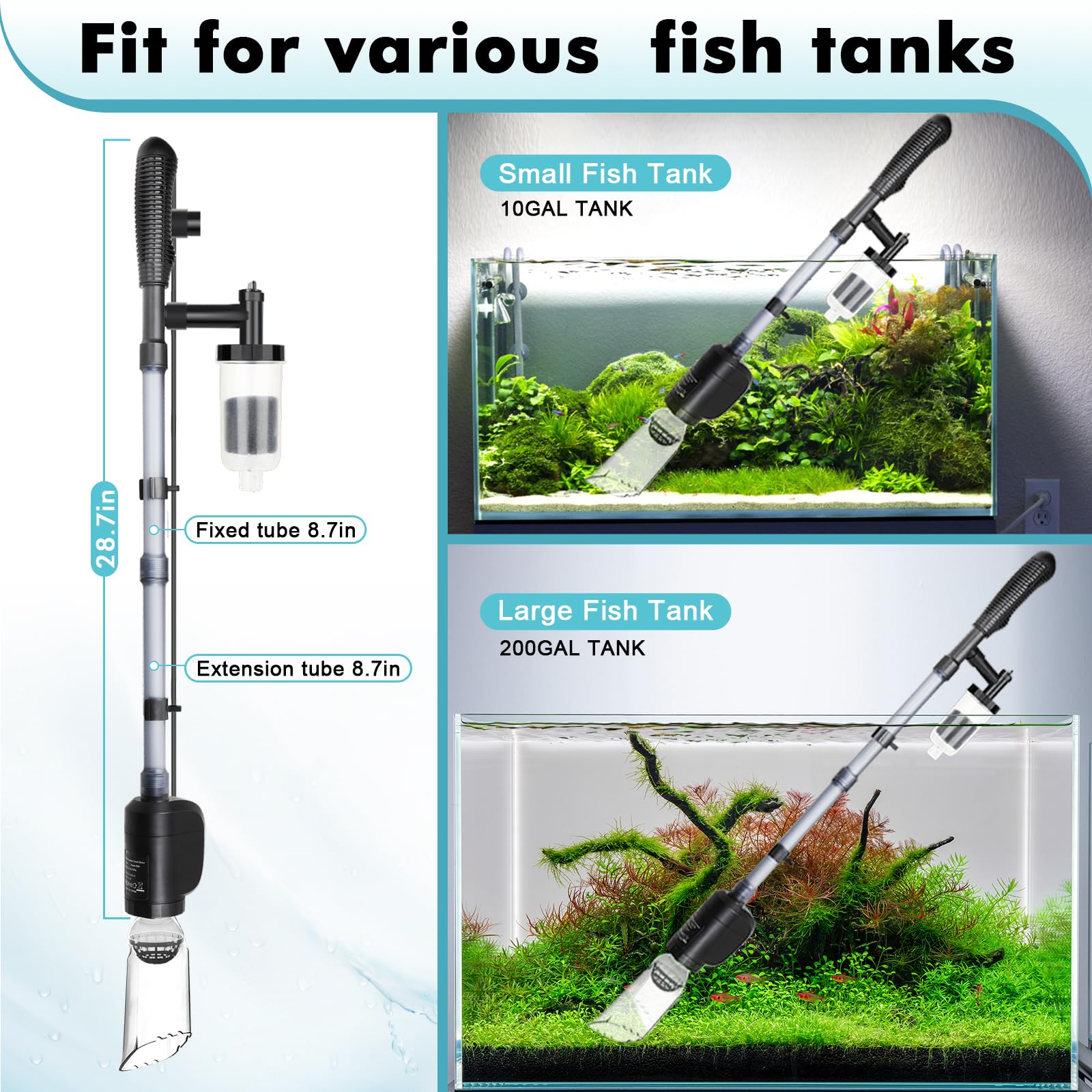 AQQA 6-in-1 Electric Aquarium Gravel Cleaner & Water Changer - 20W 320GPH Multi-Functional Fish Tank Cleaner for Freshwater & Turtle Tanks - Ideal for Water Cleaning, Circulation & Maintenance