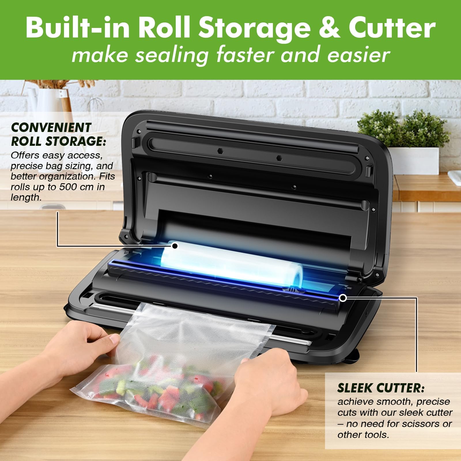 Powerful 80kPa Vacuum Sealer Machine with Roll Storage & Built-in Cutter - Multi-Functional Food Preservation System for Sous Vide, Meal Prep, Freezing & Fresh Food Storage | Includes Bags & Accessory Hose | Compact Black Design for Kitchen Countertop & Pantry Organization