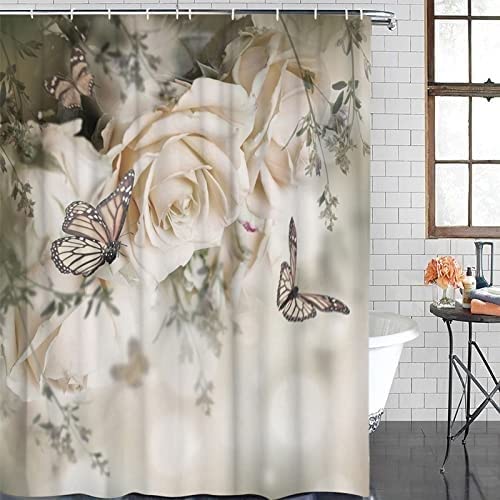 Waterproof Fabric Shower Curtain Liner with Rose Flower & Butterfly Design - 180x180cm Bathroom Decor for Home, Spa & Hotel Use