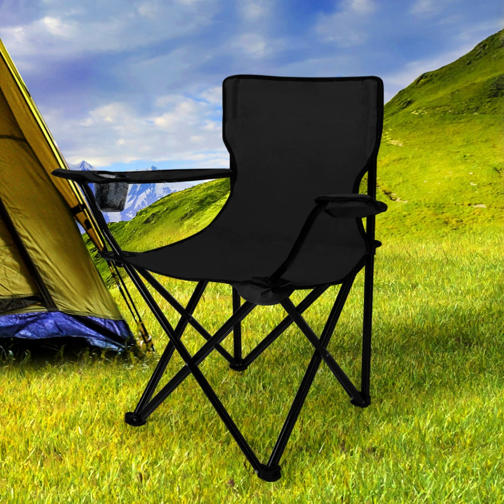 2 Pack Folding Camping Chairs with Armrests - Portable & Lightweight Outdoor Chairs for Camping, Fishing, Picnics, Beach, Backyard, and Tailgating - Black