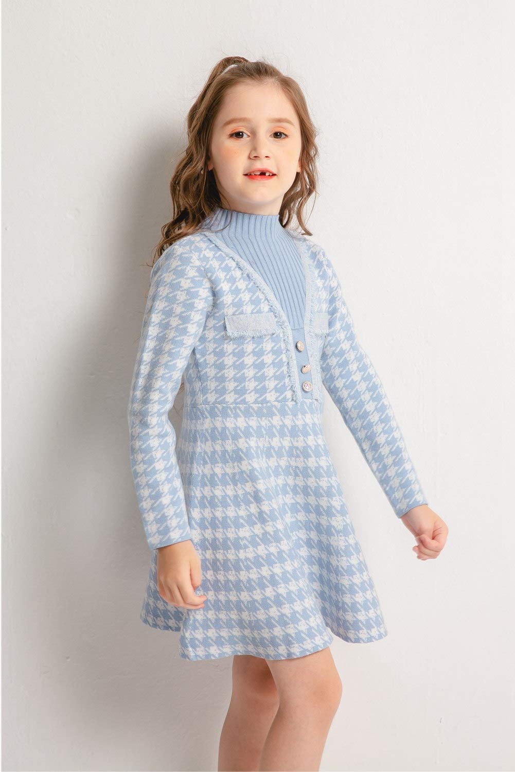 SMILING PINKER Girls Winter Knit Dress - Houndstooth Pattern Mock Neck Flare Sweater Dress for Toddlers | Warm & Stylish Outfit for Holiday Parties, Christmas Photos & School Events