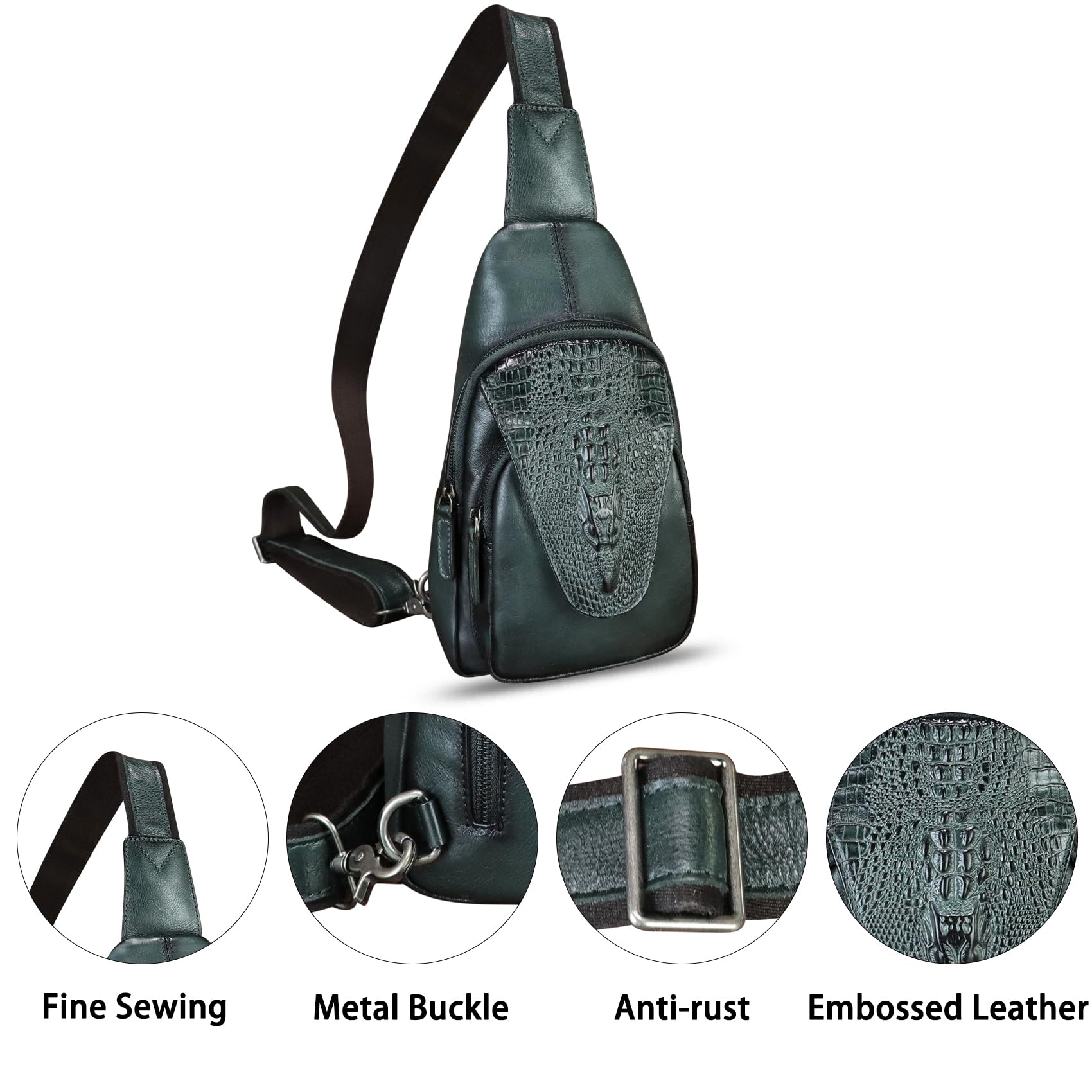 **Genuine Leather Sling Bag for Men & Women – Embossed Crocodile Pattern Crossbody Backpack, Handmade Chest Purse Daypack – Dark Grey – Perfect for Travel, Work & Daily Use**