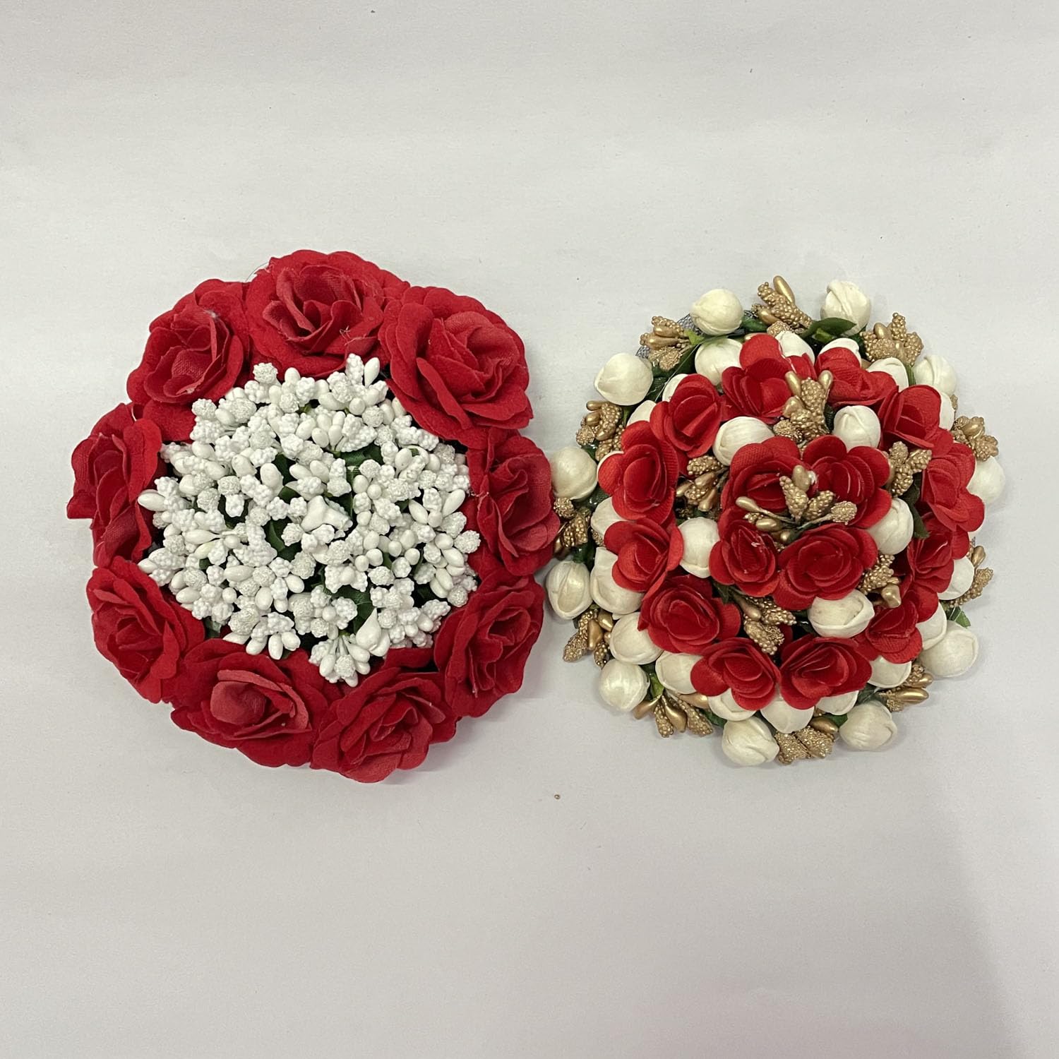 Maahal Hair Bridal Bun Gajra Flower - Artificial Juda Hair Accessories for Women (Pack of 2) - Red & White - Perfect for Weddings, Indian Bridal Dressing & Traditional Occasions