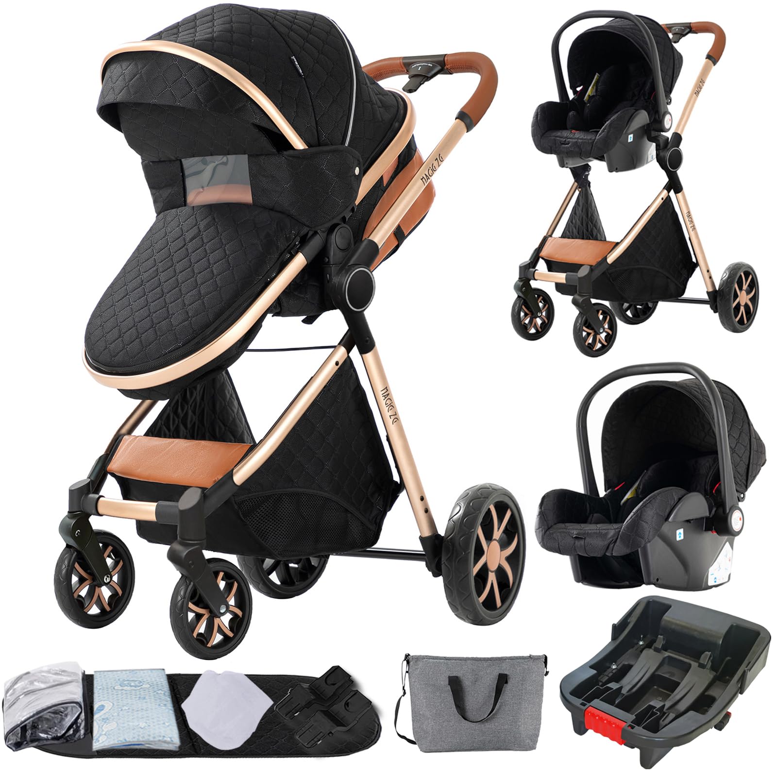 3 in 1 Baby Travel System - Convertible Reversible Stroller, Portable Foldable Pushchair & Infant Pram - Luxury High Landscape Buggy for Newborn (Black Gold with Base) | Perfect for Shopping, Travel & Outdoor Walks