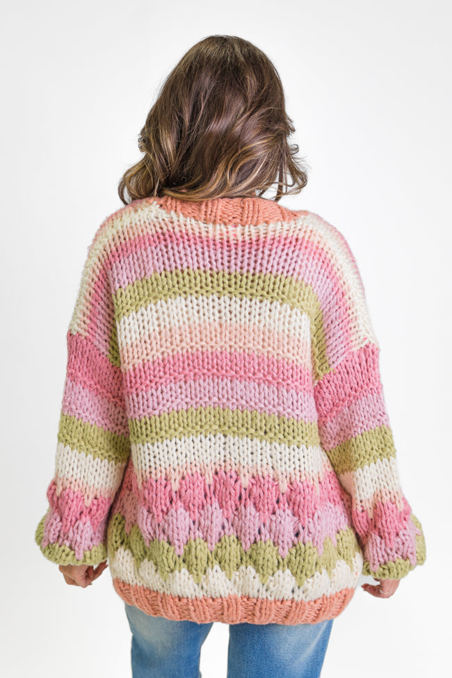 Lost In Your Love Pink Multi Stripe Chunky Knit Cardigan Sweater | Cozy Oversized Winter Wear for Women | Perfect for Date Nights & Casual Outings