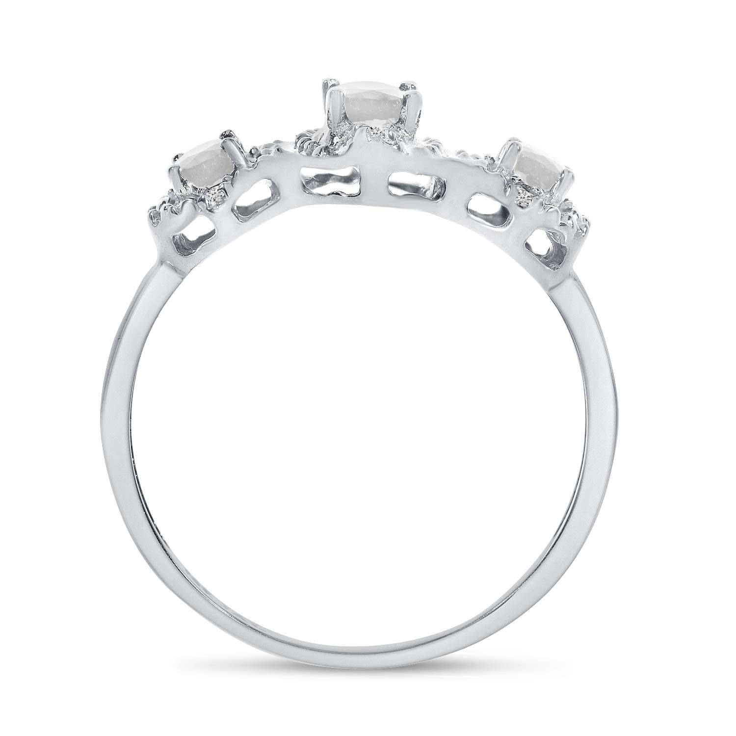 14K White Gold Oval White Topaz & Diamond Three Stone Ring for Women – Elegant Bridal, Engagement & Anniversary Jewelry Gift