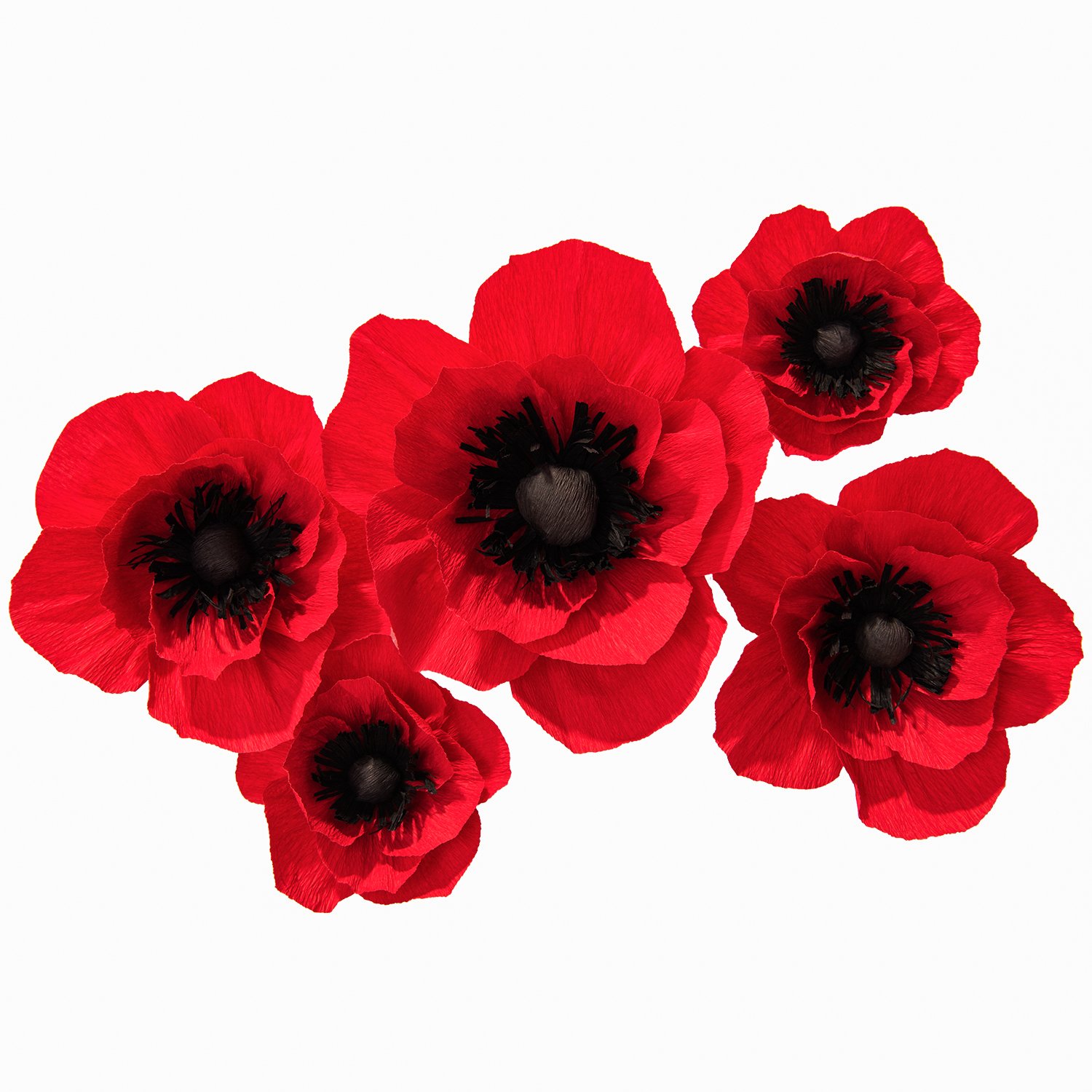 Artificial Crepe Paper Flowers - Wedding, Baby Shower & Party Decor (Red, 5-Pack) for Walls & Backdrops