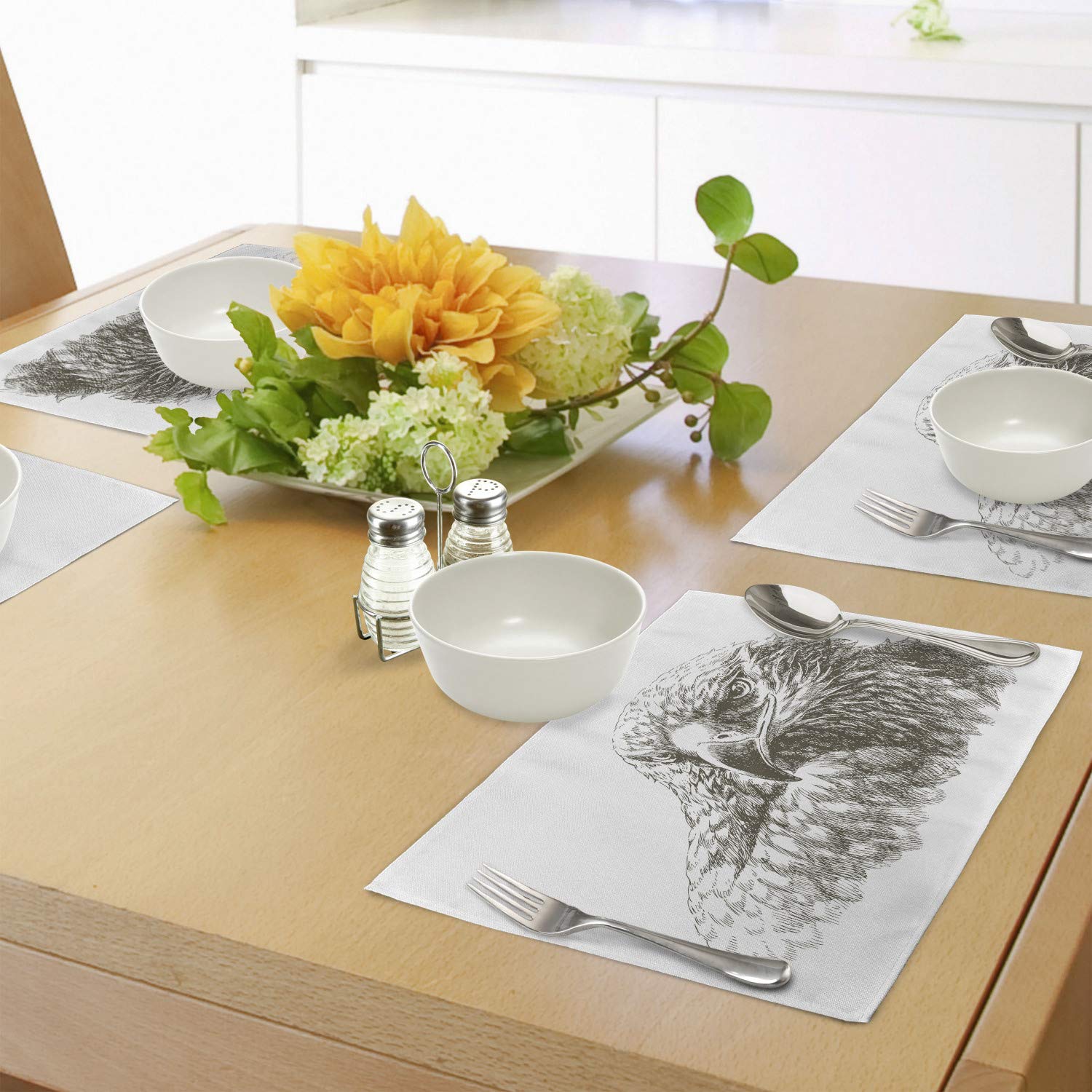 Ambesonne Eagle Place Mats Set of 4 - Monochrome Wildlife Predator Bird Art Print, Washable Fabric Table Mats for Dining Room & Kitchen Decor (Black & White) | Perfect for Nature-Themed Dinner Parties & Rustic Home Decor