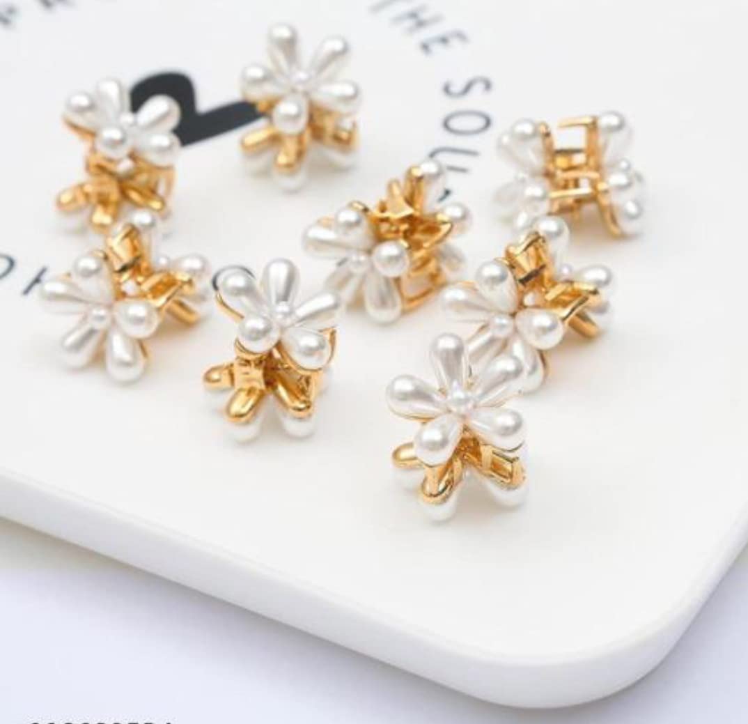 HSNJ JEWELS 12-Pack White Pearl Mini Claw Hair Clips with Floral Design - Small Metal Barrettes Hair Clips for Women & Girls - Perfect for Weddings, Parties, and Everyday Styling