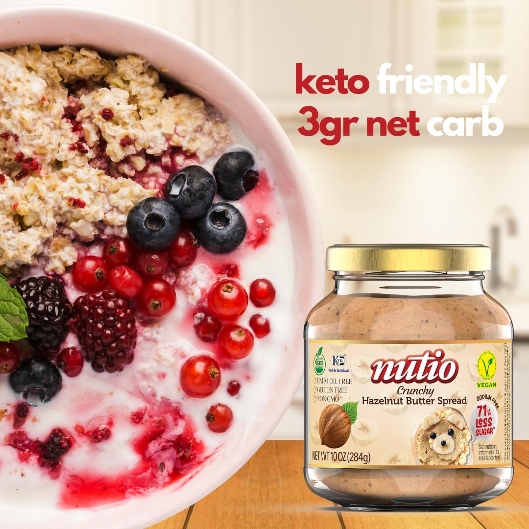 Nutio Crunchy Hazelnut Butter Spread - 77% Hazelnut, Low Sugar, Keto & Vegan Friendly, Gluten Free, Non-GMO, Palm Oil Free - Healthy Snack for Toast, Smoothies & Baking - 10.5 oz Glass Jar