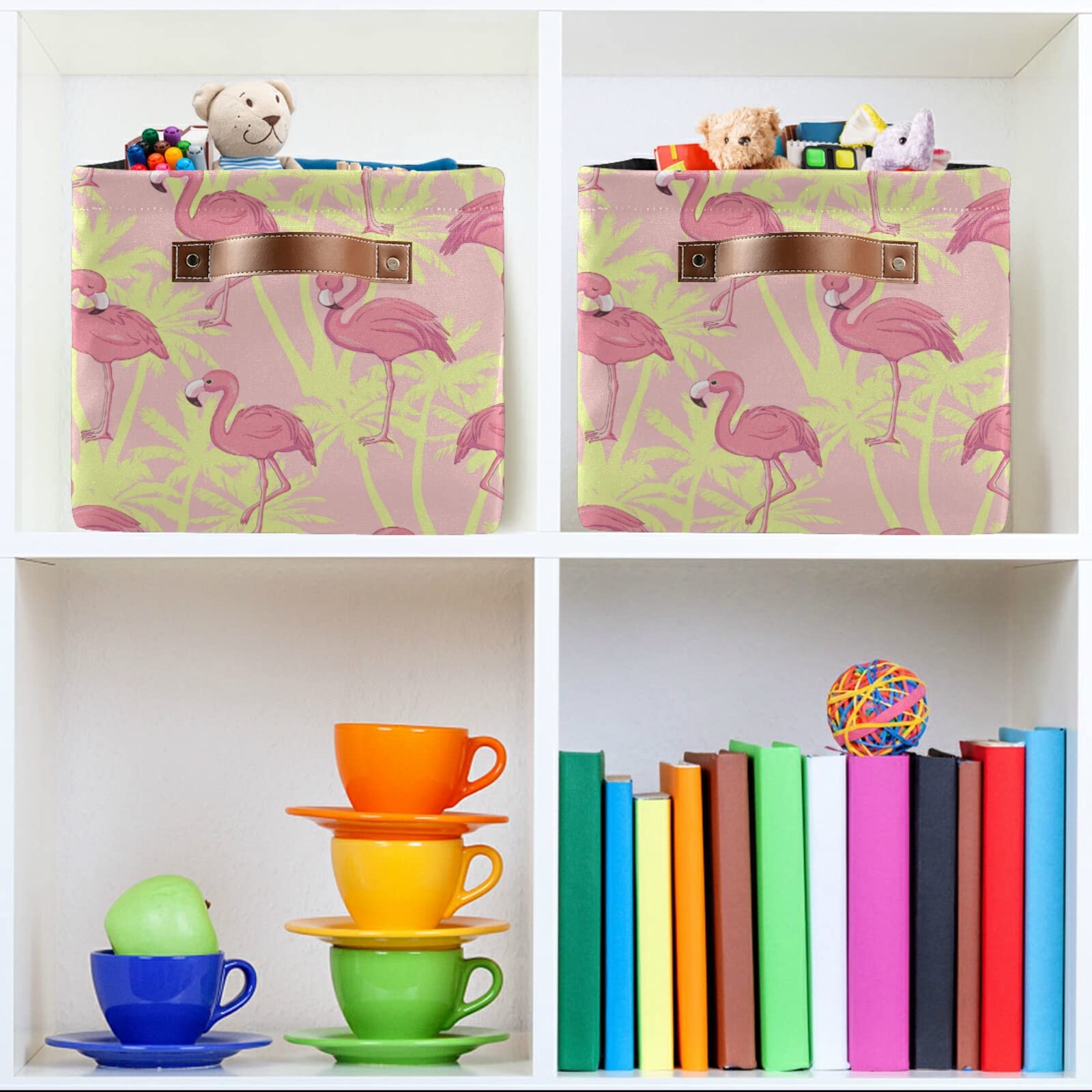 Pink Flamingo & Tropical Palm Tree Foldable Storage Bin - Sturdy Fabric Storage Basket with Handles for Nursery, Closet & Toy Organization | Space-Saving Canvas Storage Cube for Home Decor & Kids Room