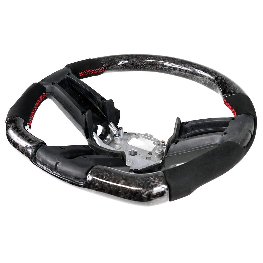 FREEMOTOR802 Forged Carbon Fiber Racing Steering Wheel with Red Stitching - Compatible with 2010-2014 Ford Mustang, Synthetic Suede Replacement - Perfect for Racing, Track Days & Performance Driving