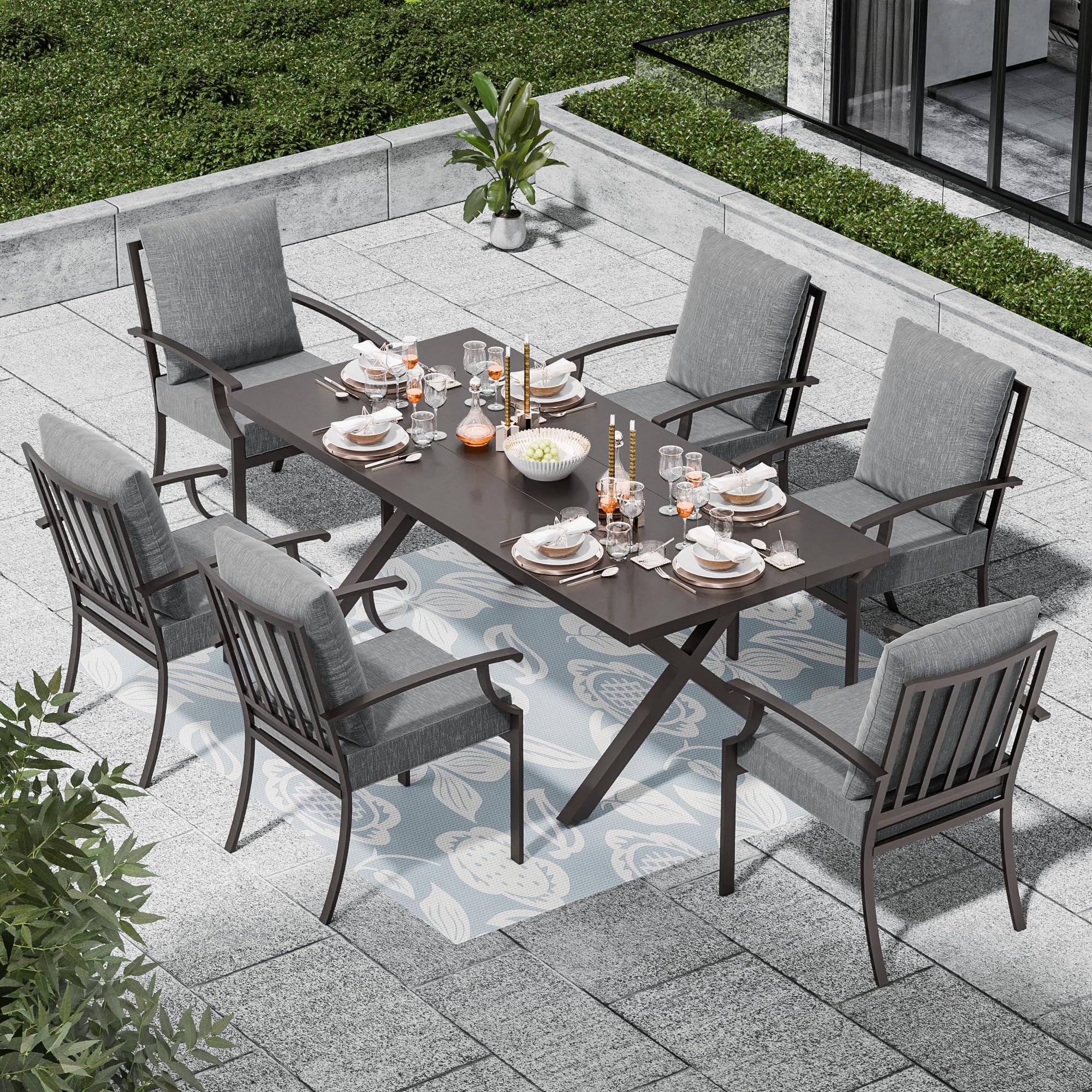7-Piece Outdoor Dining Set for 6 - Rectangular Patio Table with Umbrella Hole & Weather-Resistant Chairs - Perfect for Backyard BBQs, Garden Parties & Poolside Dining