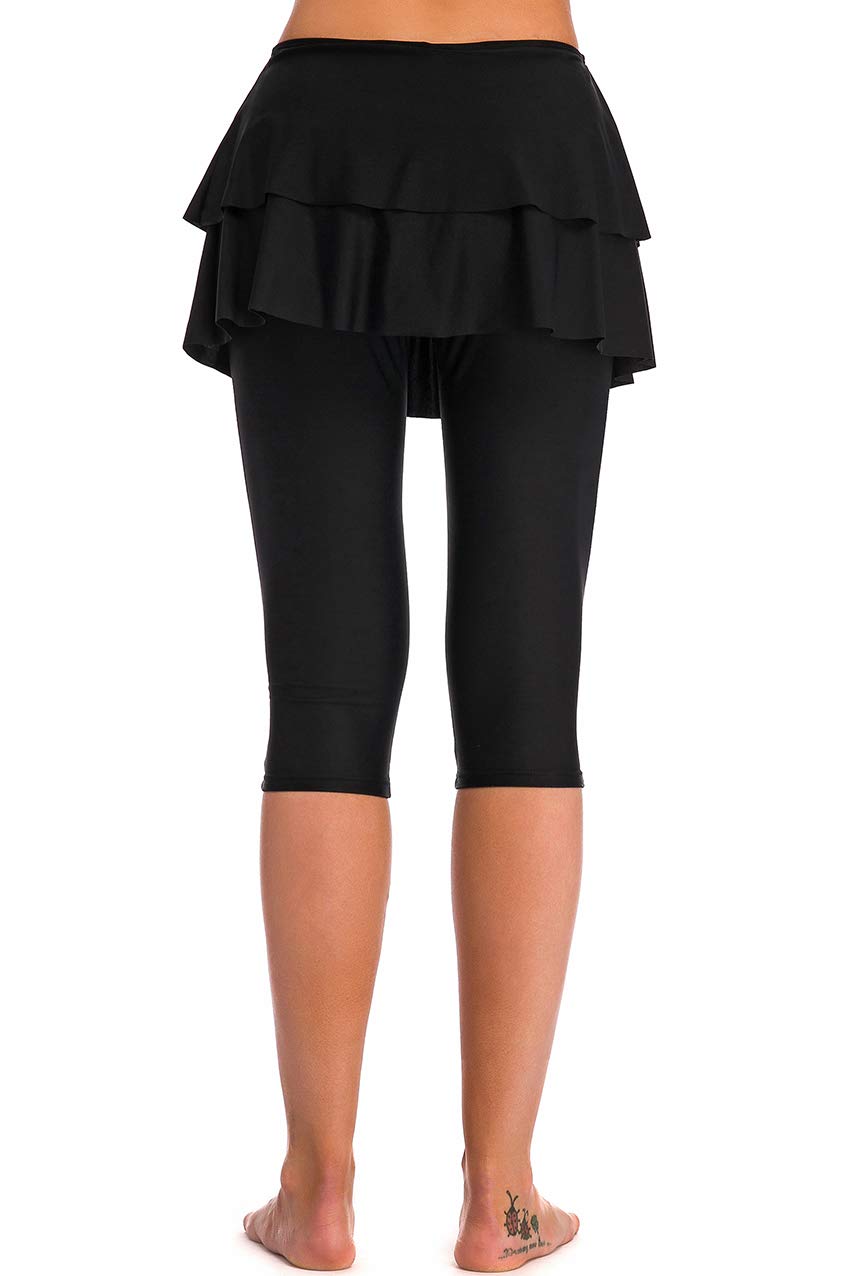 Women's Skirted Swim Capris with Layered Ruffle - Quick-Dry Swim Leggings & Skirt Combo for Beach, Pool & Water Aerobics | UPF 50+ Sun Protection