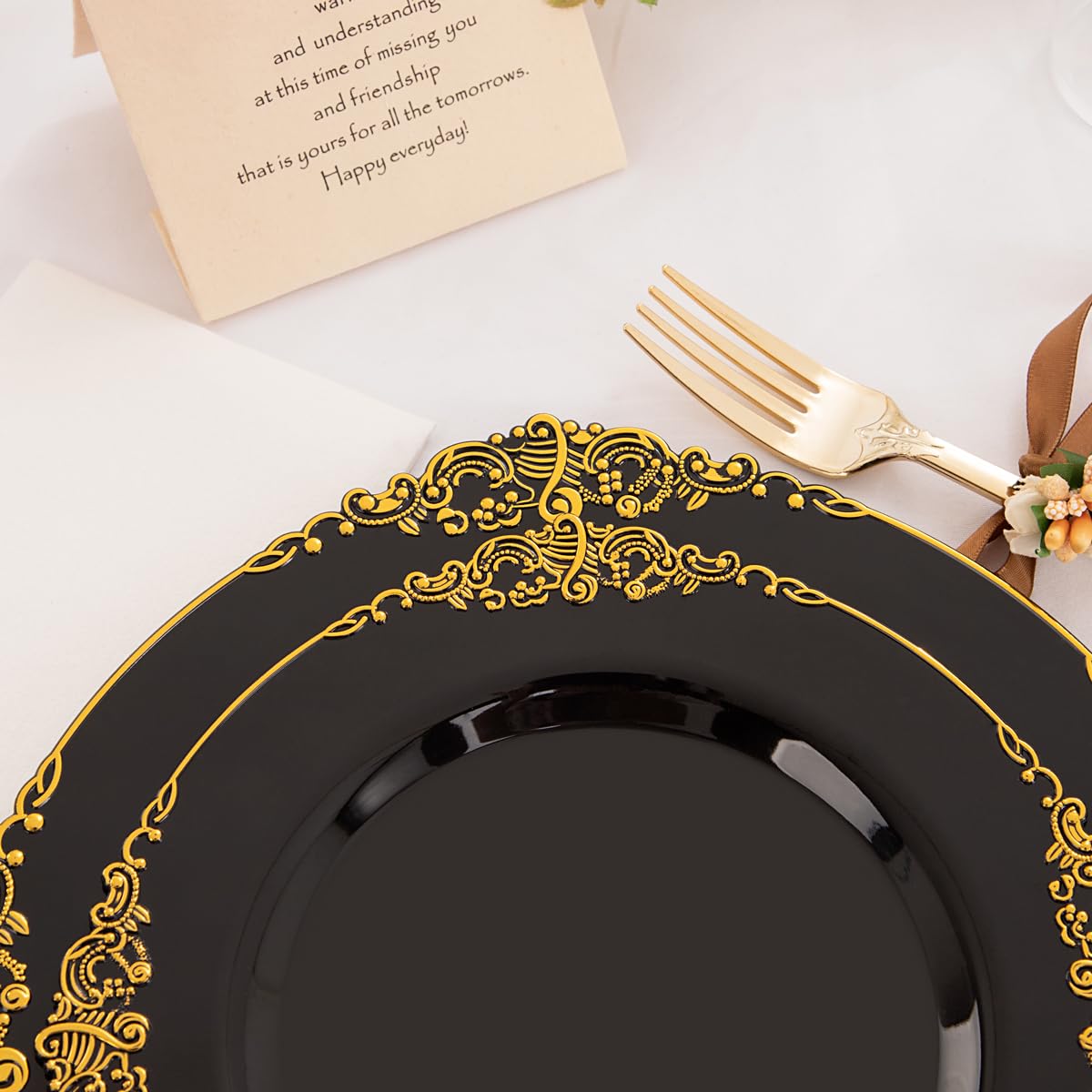 Hioasis 350-Piece Black and Gold Plastic Dinnerware Set - 50 10.25