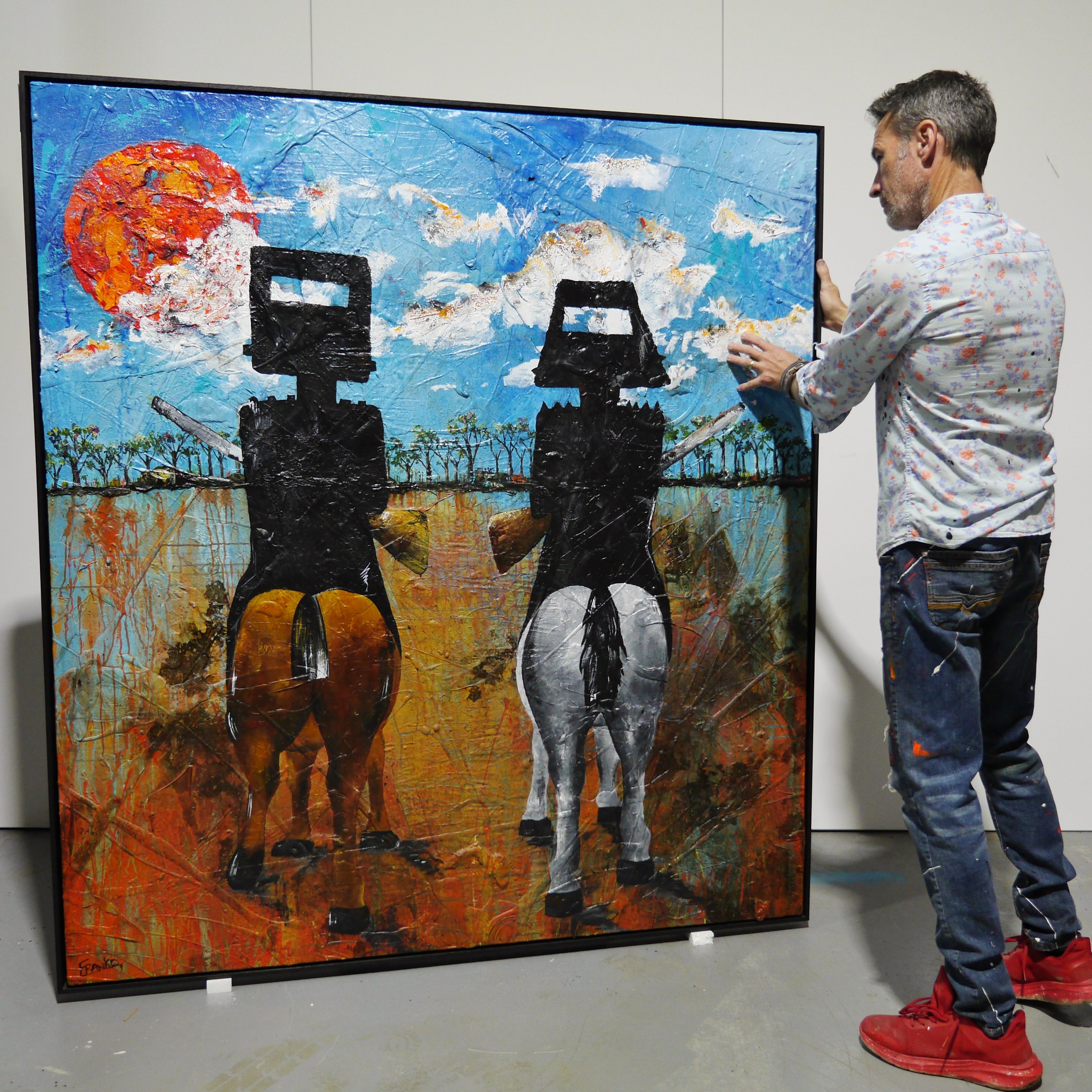 Ned Kelly Abstract Realism Textured Painting - 64x71 Inch Black Framed Wall Art | Australian Outlaw Decor for Living Room, Office & Man Cave