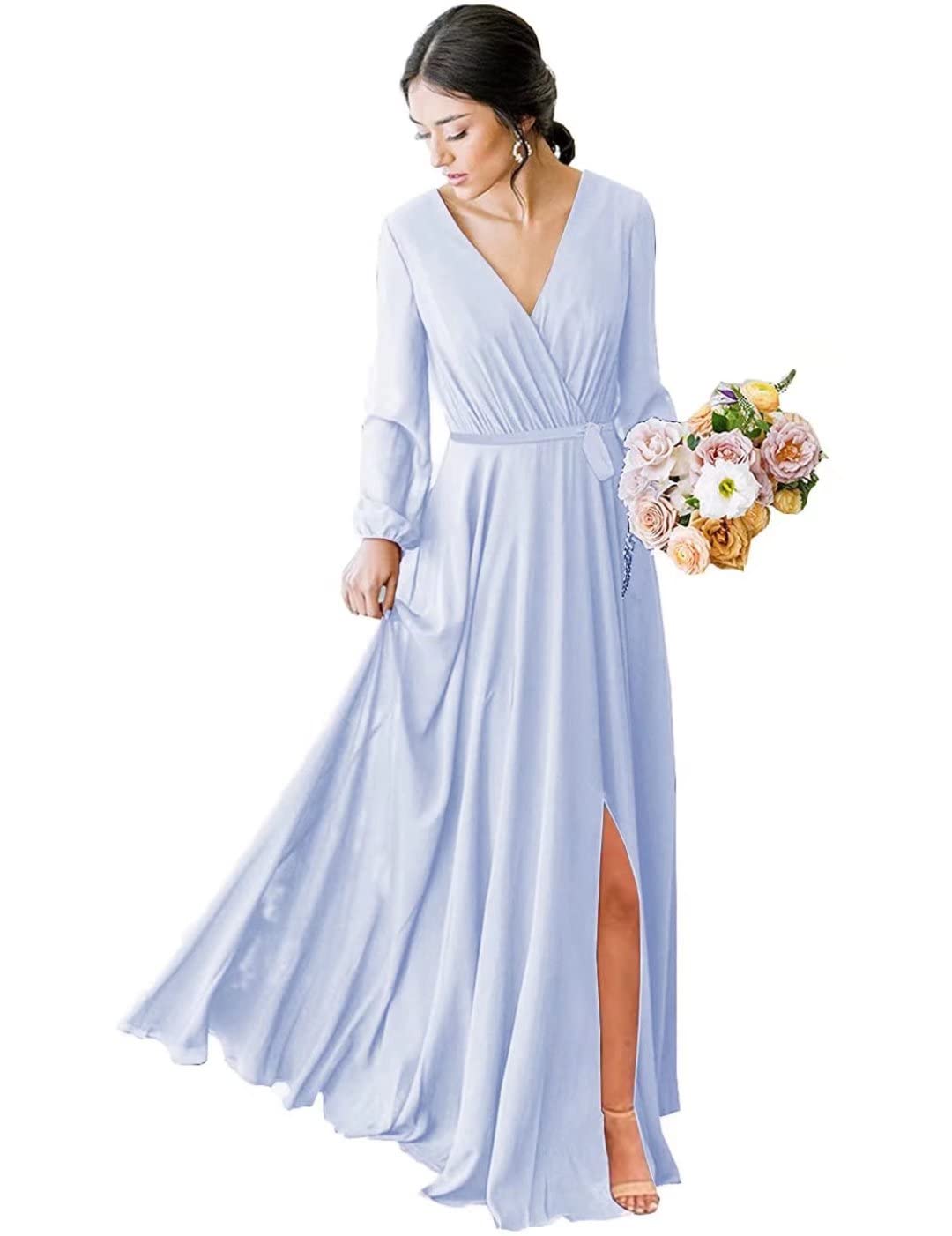 Verngo Women's V-Neck Long Sleeve Chiffon Bridesmaid Dress - Elegant Faux Wrap Formal Prom Gown with Thigh High Slit | Perfect for Weddings, Parties & Special Occasions