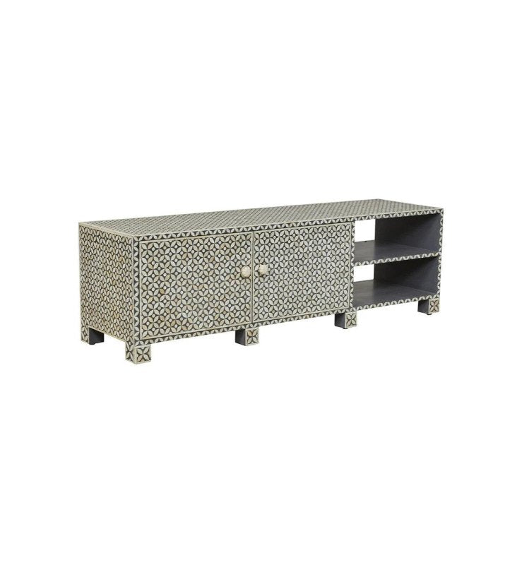Handmade Bone Inlay Geometric Star TV Stand with 2 Doors and 2 Shelves - Stylish Media Console for Living Room, Bedroom & Home Theater Decor