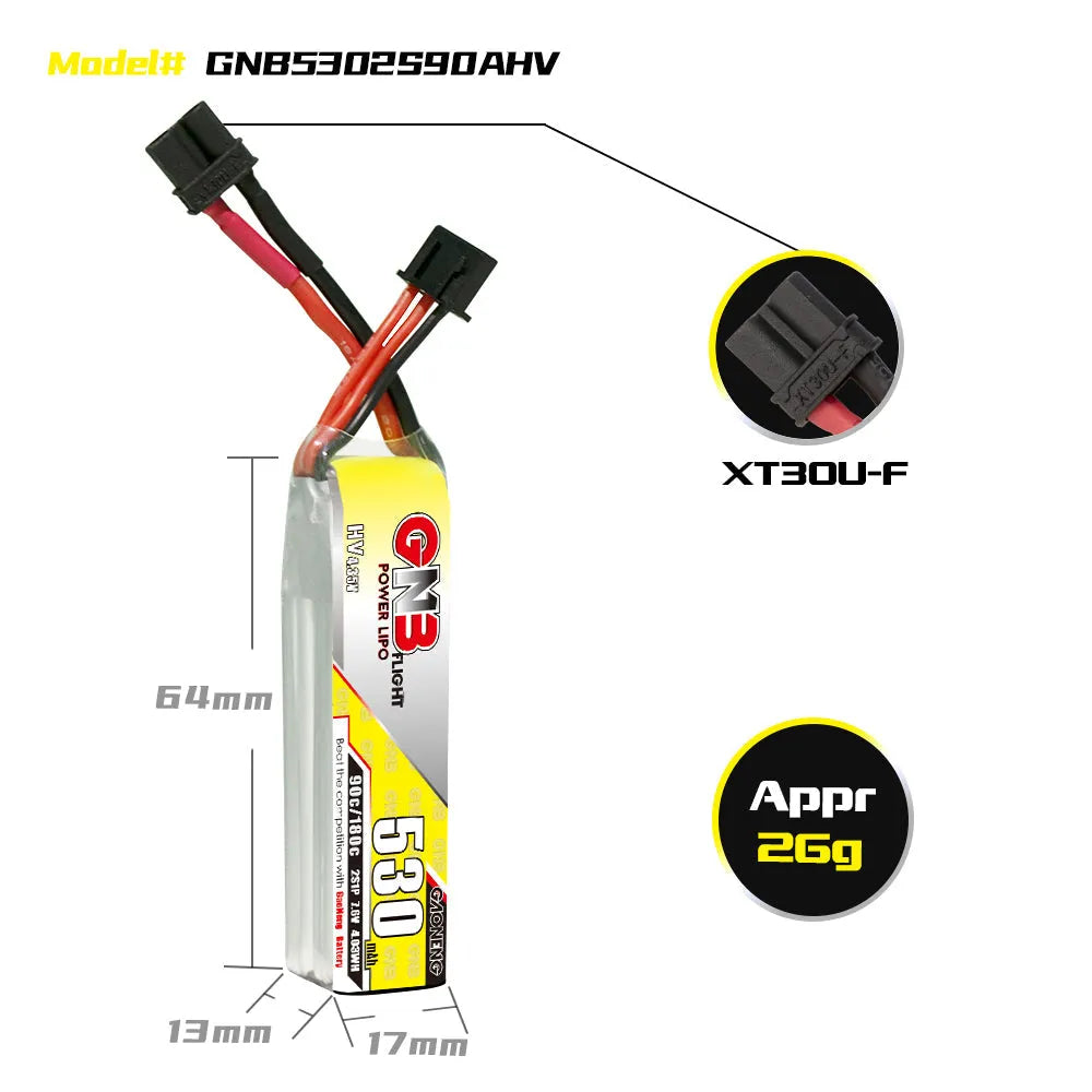 GNB 530mAh 2S 7.6V HV 90C LiPo Battery with XT30 Plug (2-Pack) - High Performance RC Drone & Airsoft Battery for FPV Racing and Mini Quadcopters