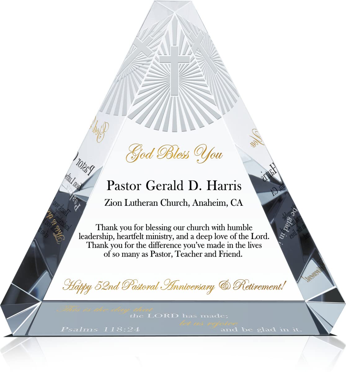 Custom Crystal Trinity Pastor Retirement Gift Plaque - Engraved Cross Design with Personalized Message, Pastor & Church Name - 7 Inch Unique Minister Appreciation Present for Retirement Ceremony, Church Anniversary & Spiritual Leadership Recognition