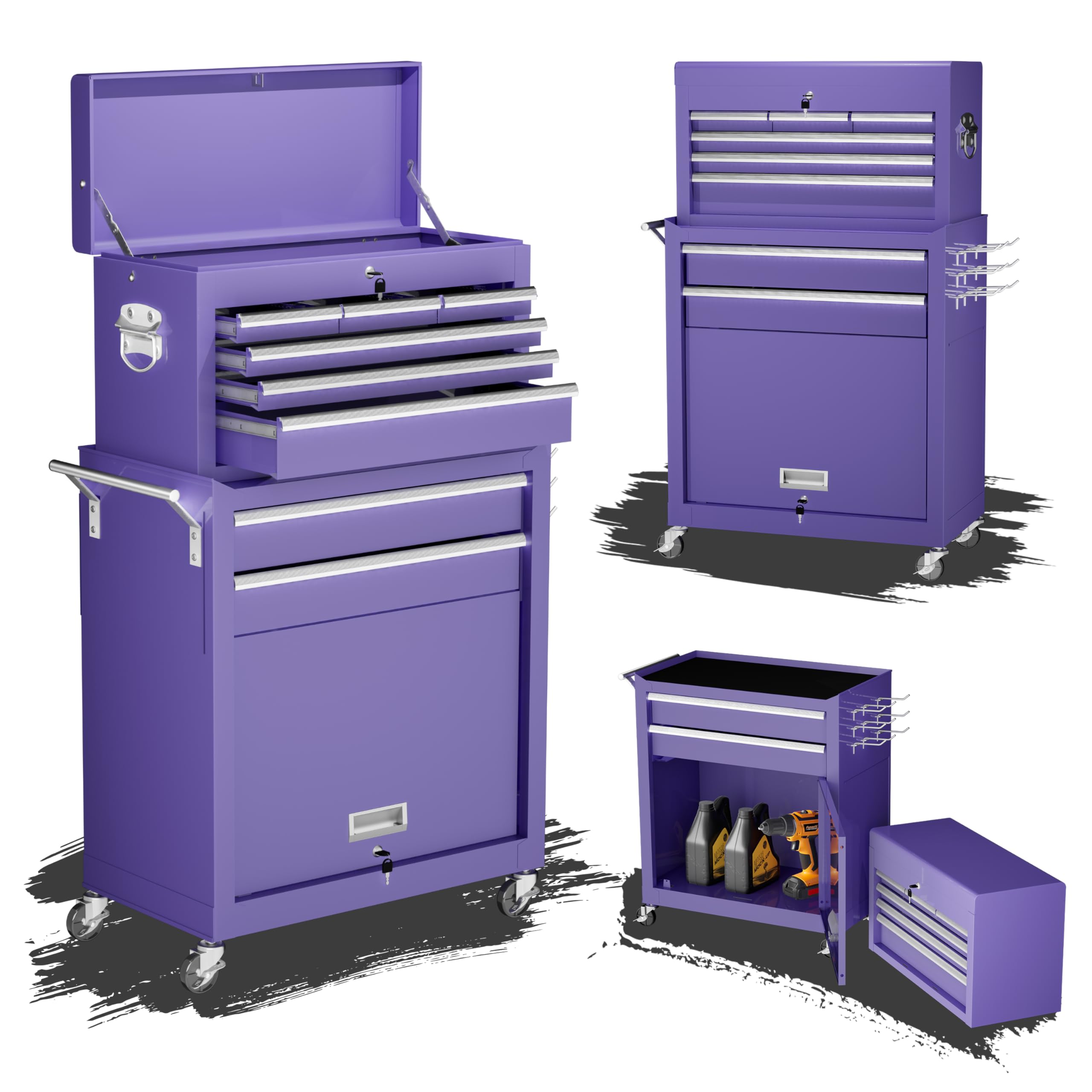 8-Drawer Rolling Tool Chest with Wheels - Large Metal Tool Box Organizer with Lock, Purple Tool Cart for Garage, Warehouse & Workshop - Perfect for Mechanics, DIY Enthusiasts & Professional Repair Shops