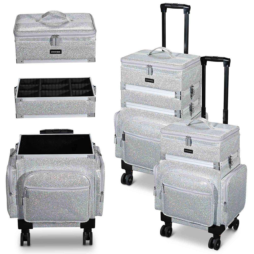 3-in-1 Rolling Makeup Case with Glitter Design - Professional Cosmetic Organizer for Artists & Hairstylists - Perfect for Travel, Salon & On-the-Go Beauty Services