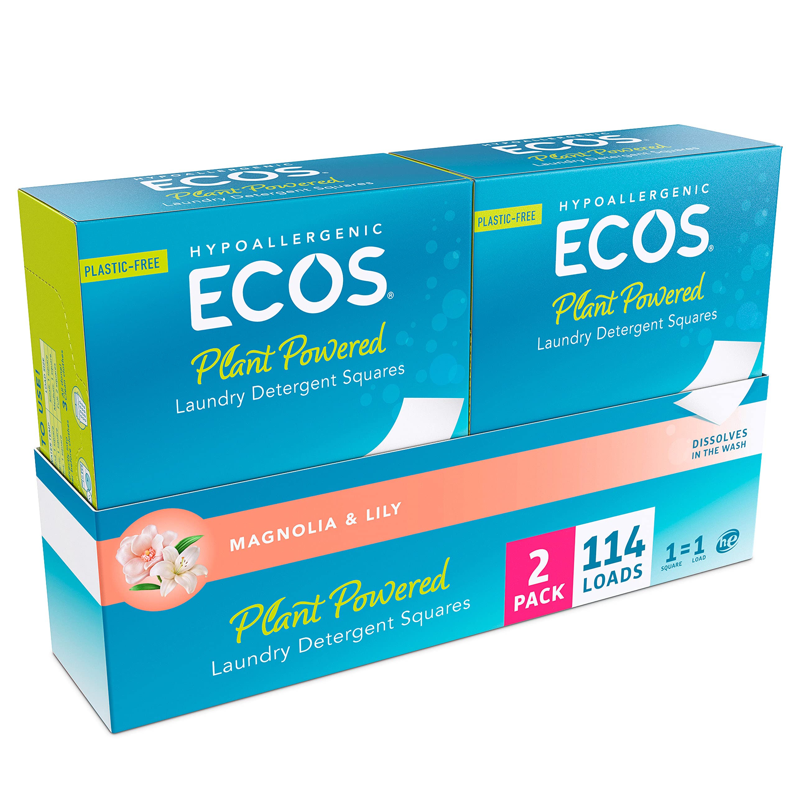 ECOS Plastic-Free Laundry Detergent Sheets | Magnolia & Lily Scent | 114 Loads (57 Sheets, Pack of 2) | Eco-Friendly, Biodegradable & Travel-Friendly for Home, Gym & Camping