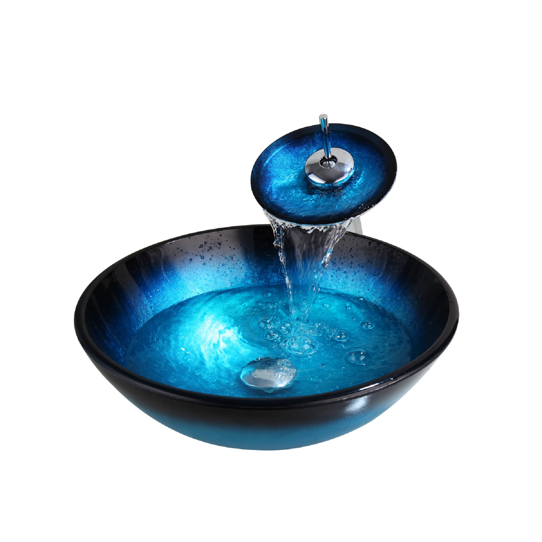 Black & Blue Round Tempered Glass Vessel Sink with Waterfall Faucet - Bathroom Wash Basin with Chrome Brass Mixer, Pop-up Drain & Hot/Cold Water Hoses - Perfect for Modern Bathrooms, Powder Rooms & Spa Retreats
