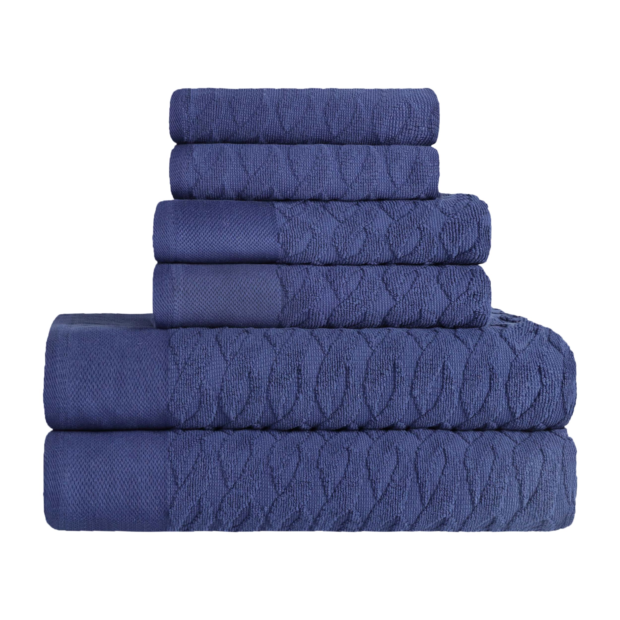 Premium BNM Herringbone Turkish Cotton Towel Set - Ultra Absorbent, Soft & Quick-Drying - Includes 2 Bath, 2 Hand & 2 Face Towels - Luxury Jacquard Design for Bathroom, Spa & Gym Use - 6-Piece Set in Navy Blue