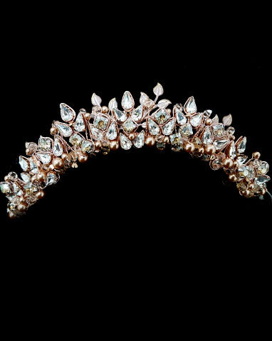 Elegant Pearl & Crystal Wedding Crown with Leaf Design – Xena Bridal Headpiece by Kezani | Perfect for Brides, Prom, or Special Occasions