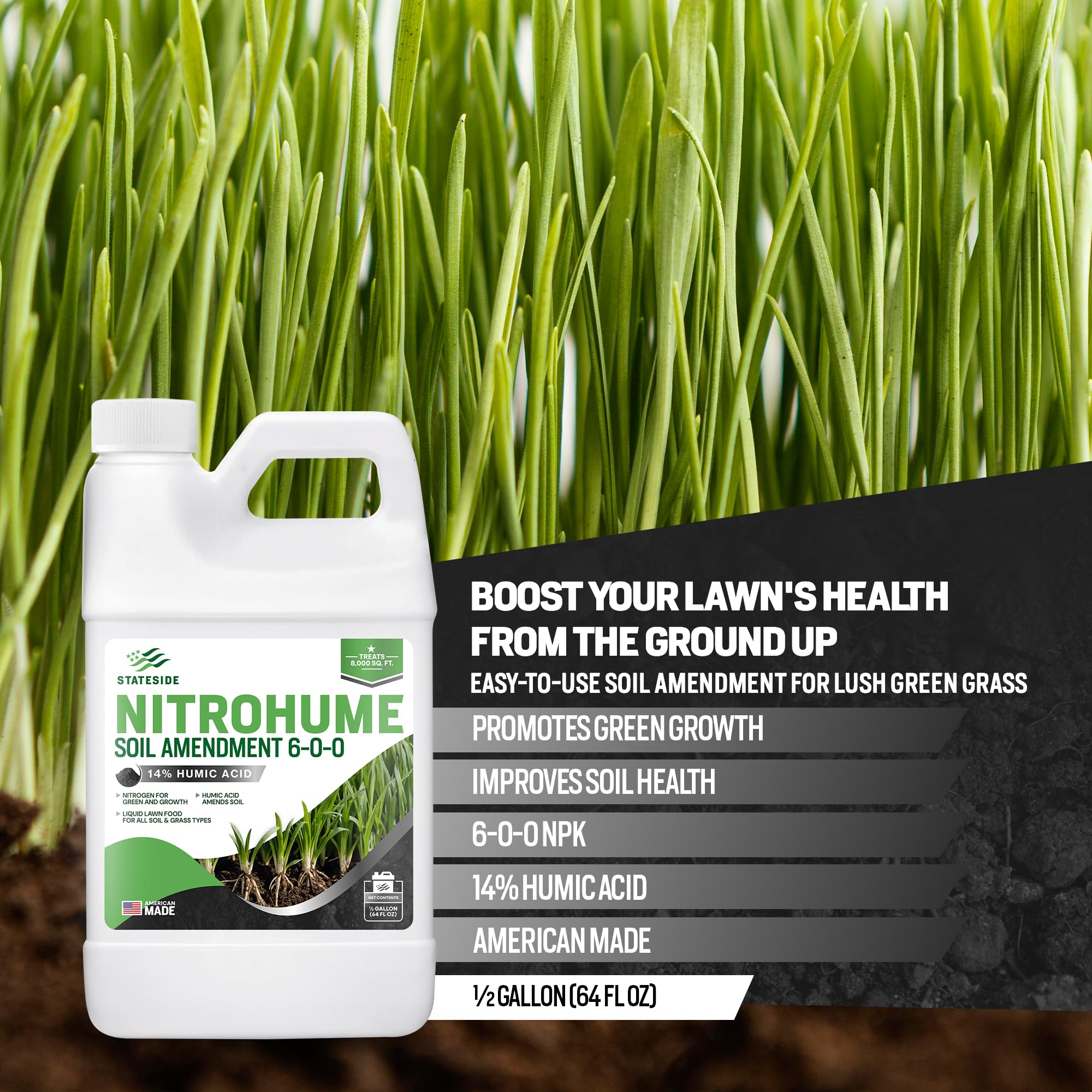 64oz Liquid Lawn Fertilizer with NitroHume Nitrogen & Humic Acid - Covers 8,000 sq. ft. for Greener Grass & Healthy Soil | Fast-Acting Lawn Food for Home Yards, Golf Courses & Sports Fields