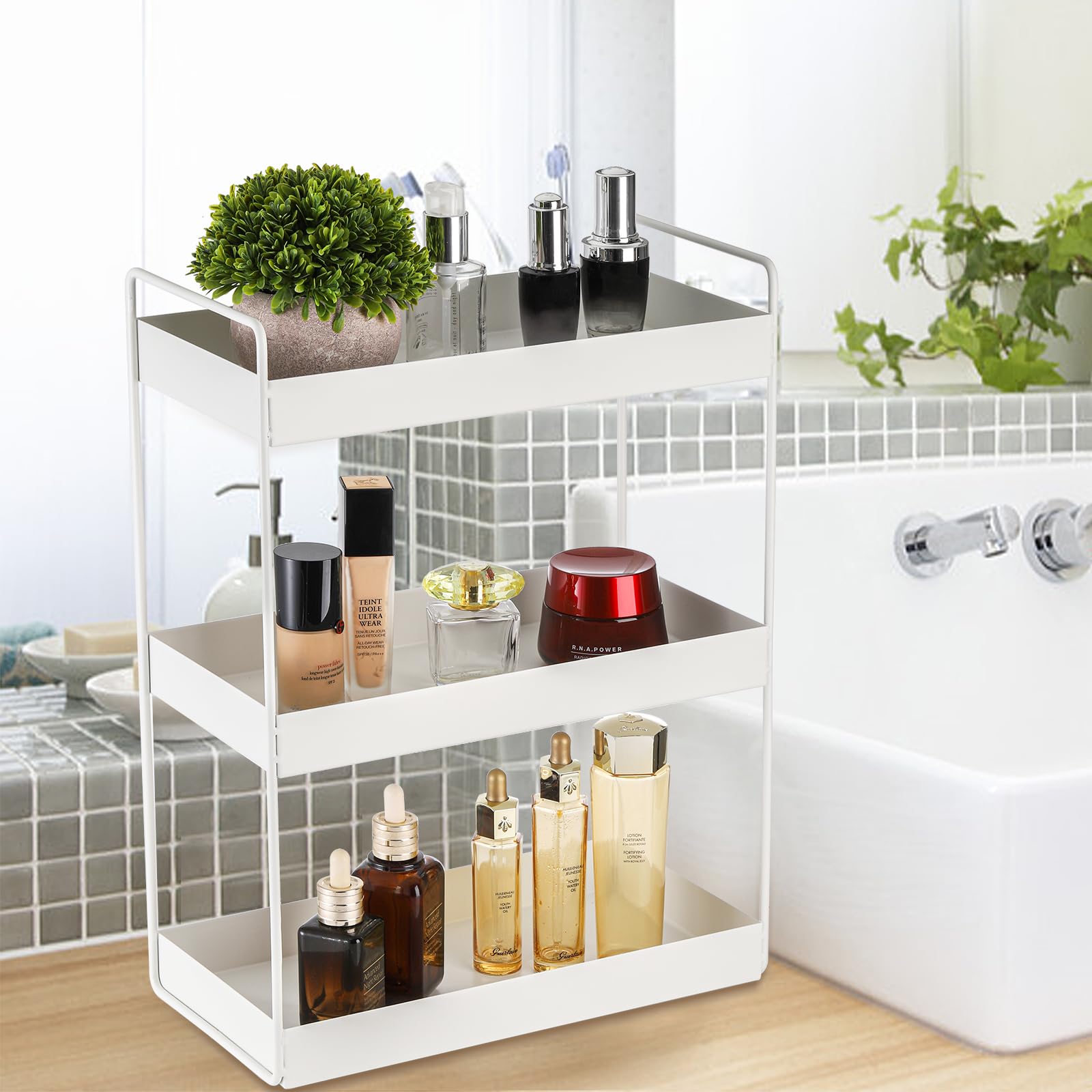Elsjoy 3-Tier White Metal Countertop Organizer Shelf - Cosmetic & Makeup Vanity Tray, Bathroom Storage Rack, Kitchen Spice Organizer - Perfect for Skincare Display, Countertop Organization & Small Space Storage