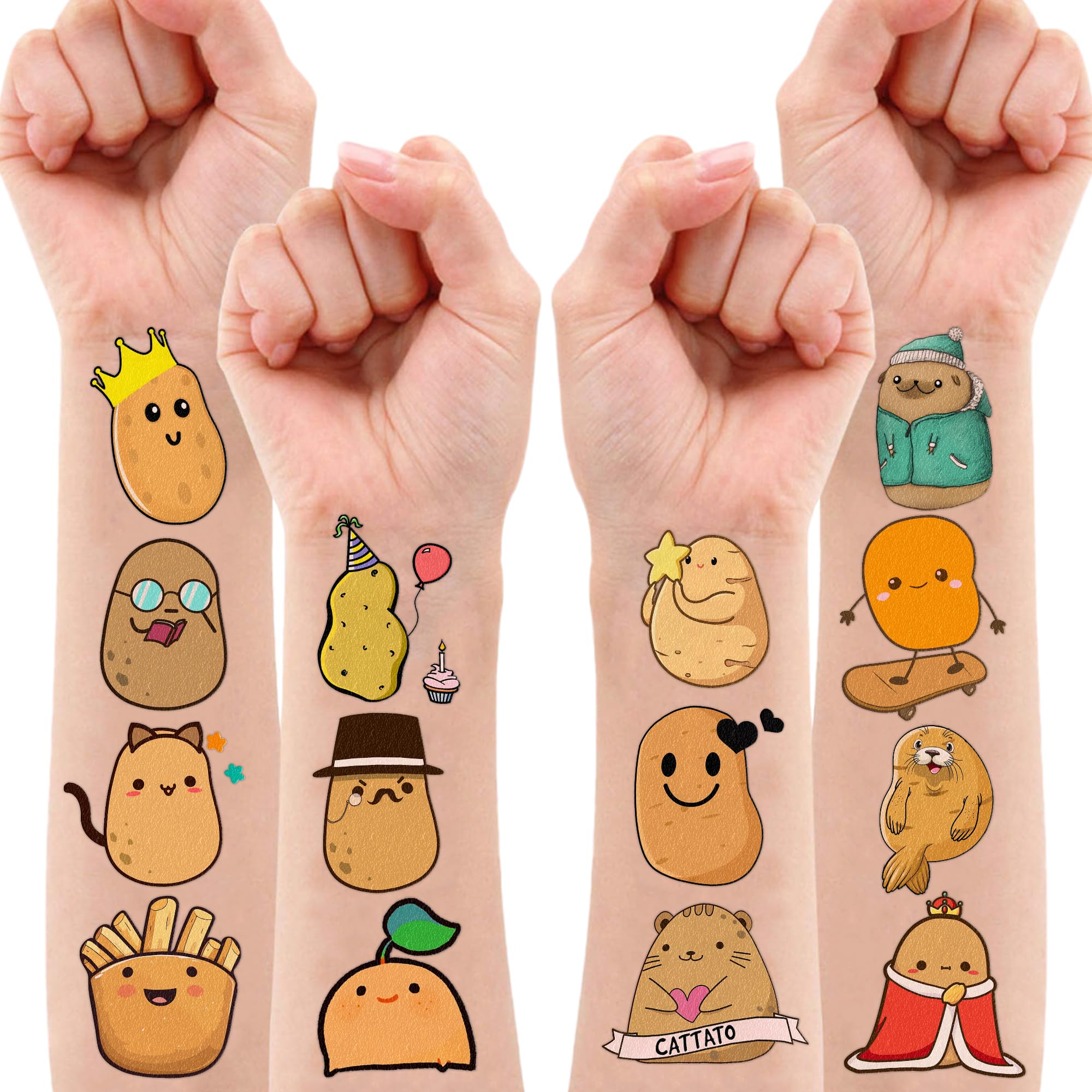 Sweet Potato Temporary Tattoos 82PCS - Fun Potato Theme Party Decorations, Birthday Favors & School Prizes - Cute Stickers for Boys Girls, Christmas Gifts, Carnival Supplies (8 Sheets) - Perfect for Halloween Costumes, Themed Parties & Classroom Rewards