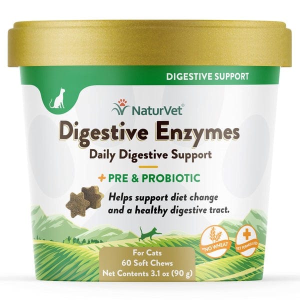 NaturVet Digestive Enzymes with Prebiotics & Probiotics Soft Chews for Cats - Supports Healthy Digestion & Gut Health - Perfect for Sensitive Stomachs & Mealtime Comfort