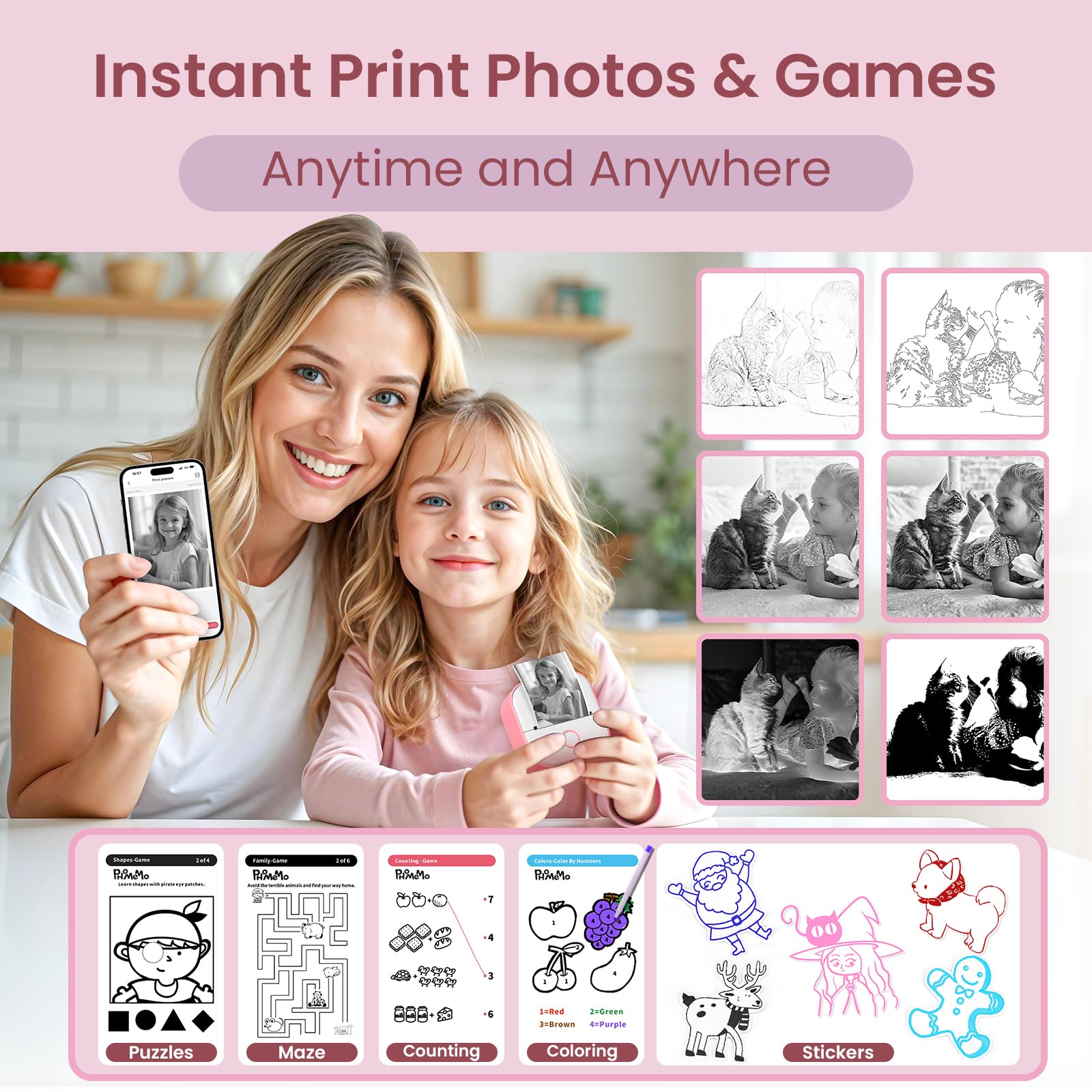 T02 Mini Instant Printer for Kids - Portable Thermal Sticker Maker, Wireless Phone Photo Printer for Study, Games & DIY Crafts - Create Flashcards, Labels & Fun Stickers (Pink) - Perfect for School Projects, Party Favors & Home Organization