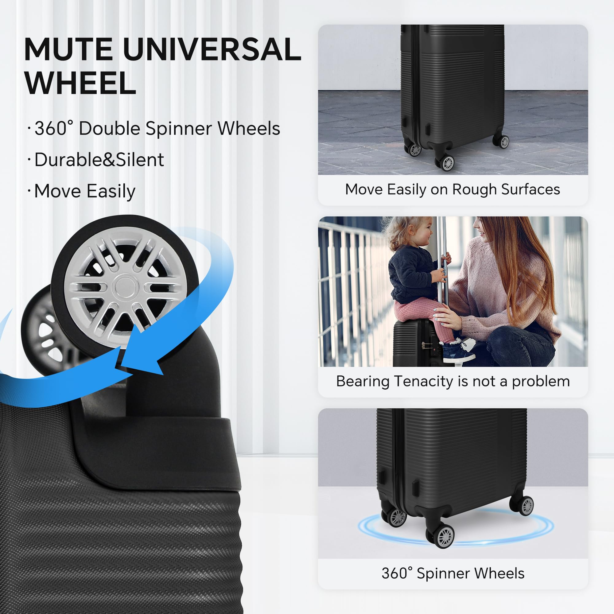 HOUAGI 4-Piece Hardside Luggage Set with Spinner Wheels & TSA Locks - Lightweight Suitcases for Men & Women (12in, 20in, 24in, 28in) Black - Perfect for Travel, Business Trips & Vacations