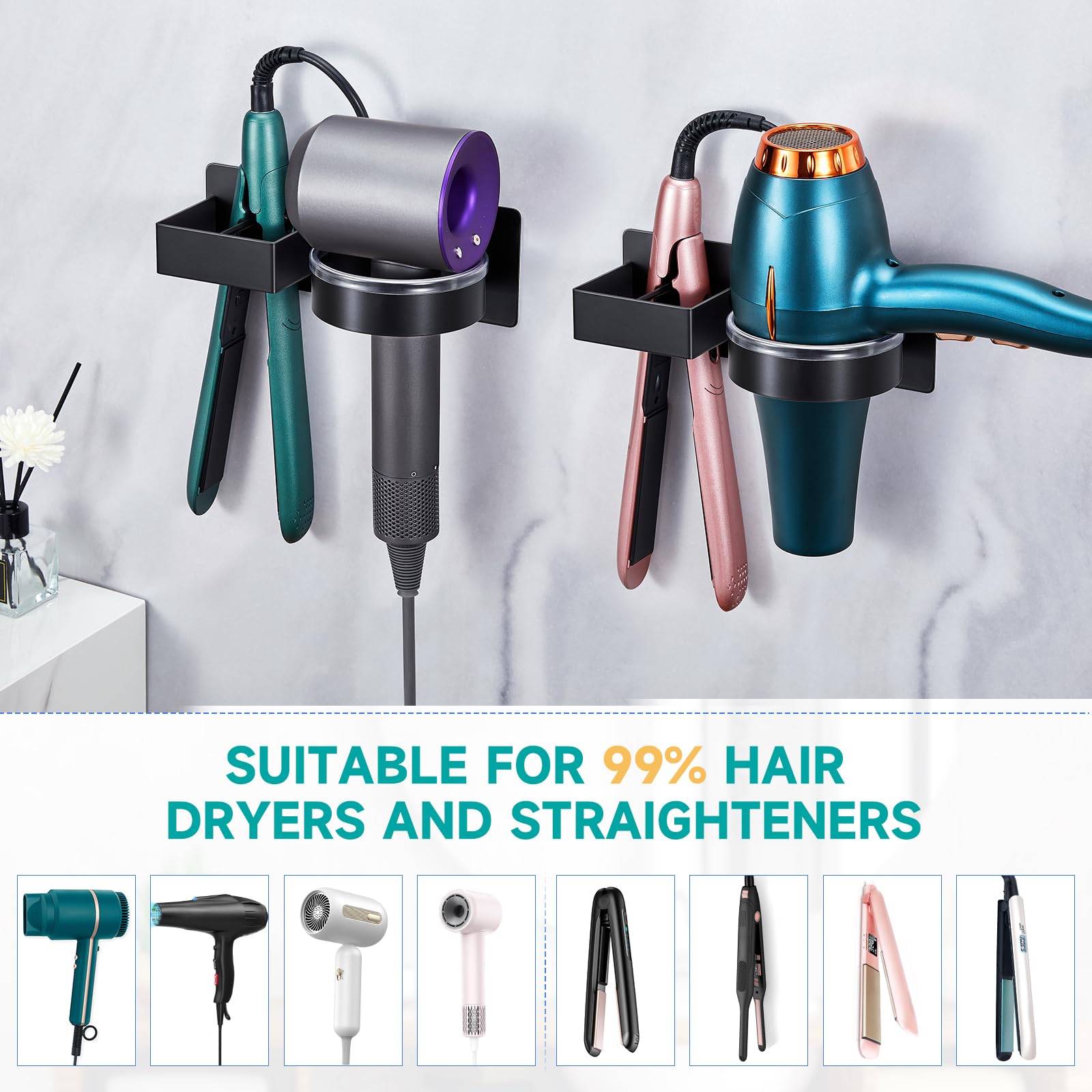Wall Mounted Hair Dryer Holder - Stainless Steel Blow Dryer & Hair Tool Organizer for Straightener, Curling Iron - Adhesive Bathroom Salon Storage (Perfect for Home, Salon & Travel)