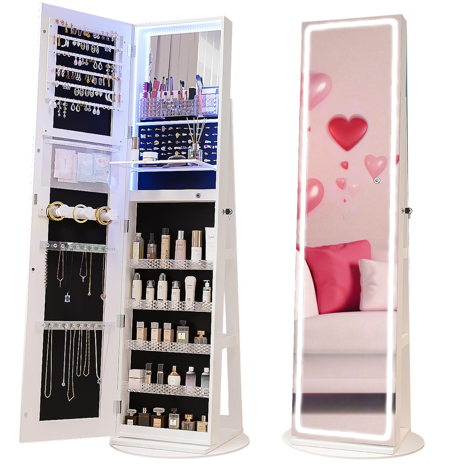 Charmaid LED Mirror Jewelry Cabinet Armoire - 360° Swivel Full Length Mirror with Jewelry Storage, 3 Color Adjustable Lighting, Lockable Standing Jewelry Organizer with Lighted Mirror (White) | Perfect for Bedroom, Dressing Room & Vanity Decor